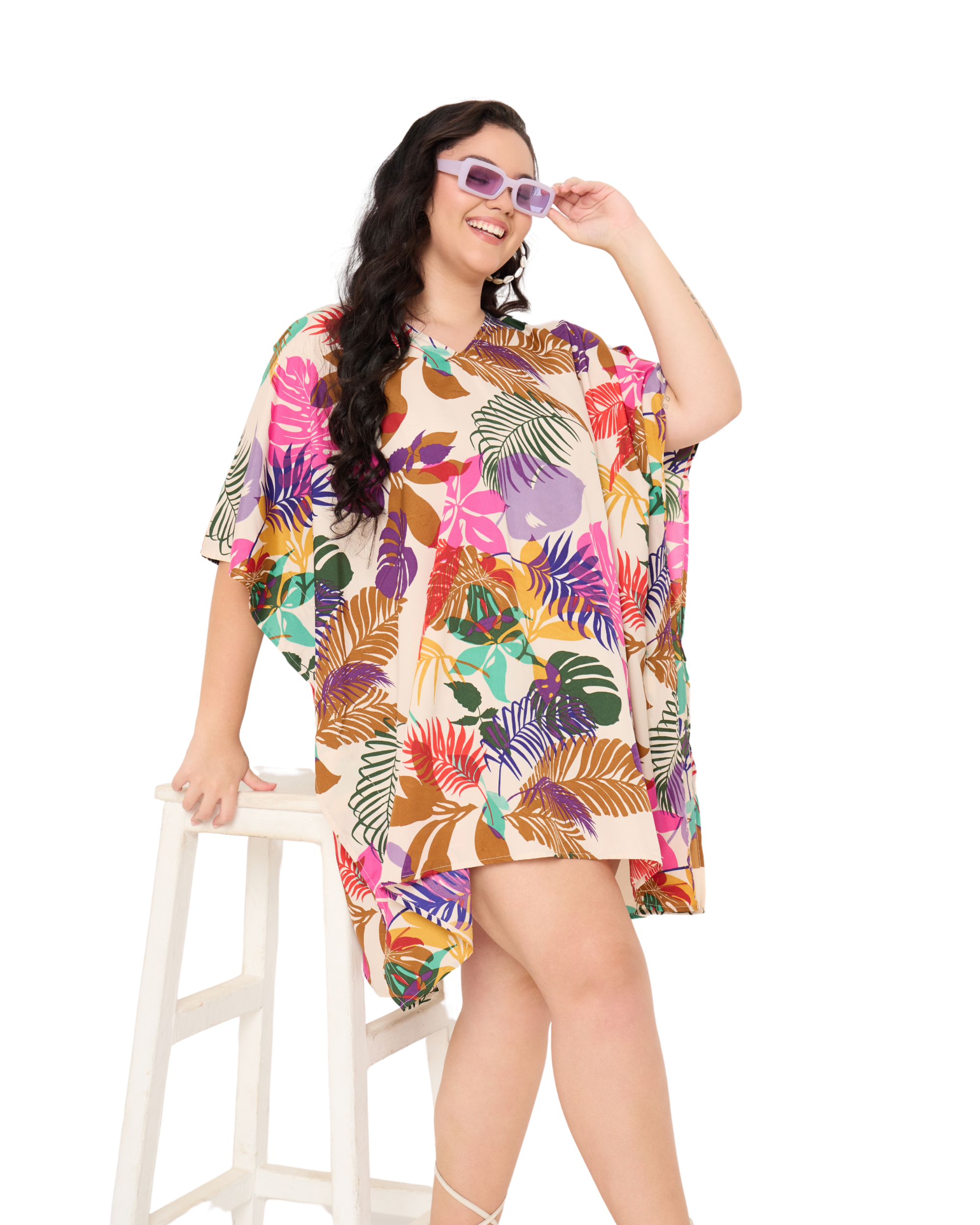 Tropical Leaf Cream Women Plus Size Short Kaftan Tunic Dress