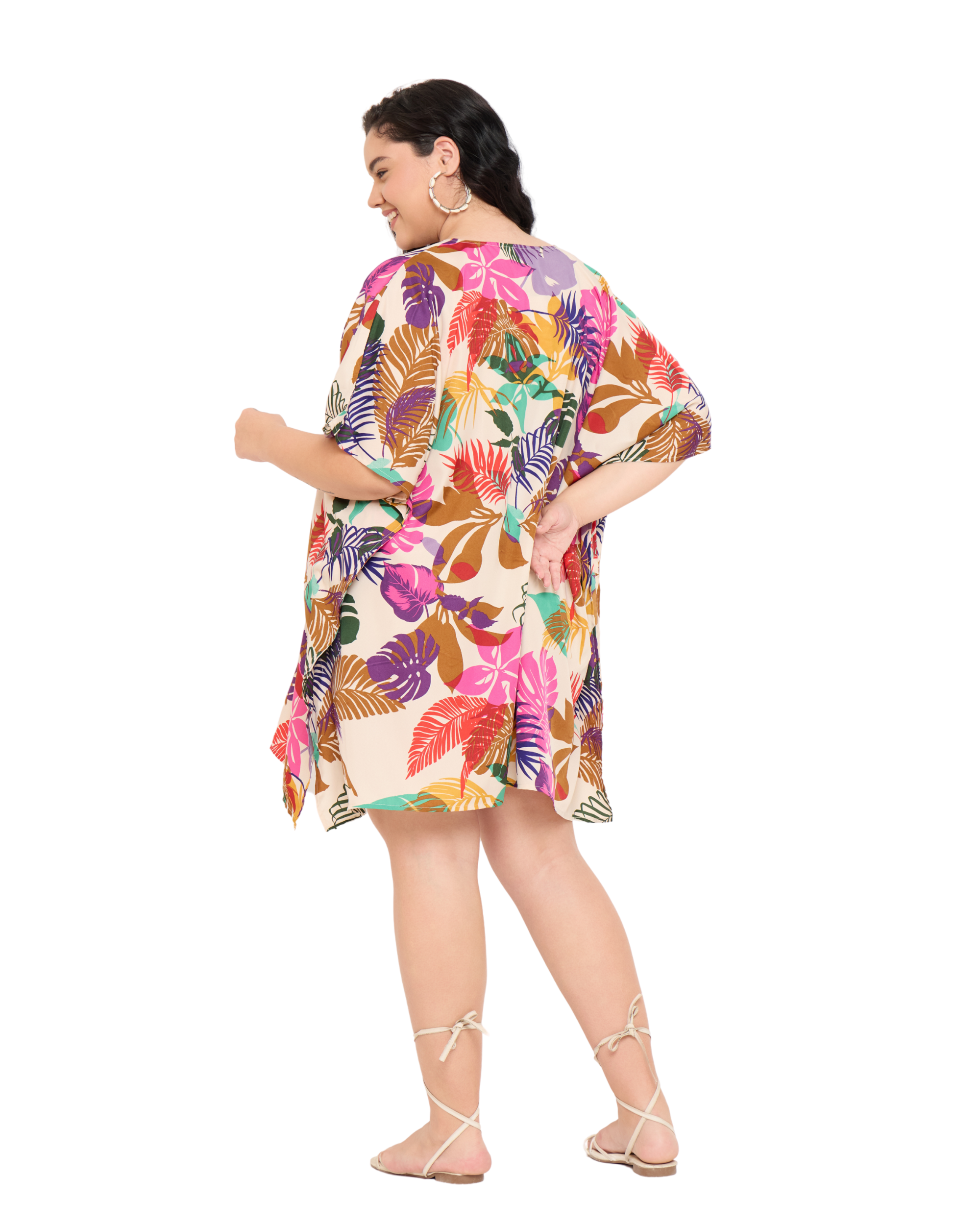 Tropical Leaf Cream Women Plus Size Short Kaftan Tunic Dress