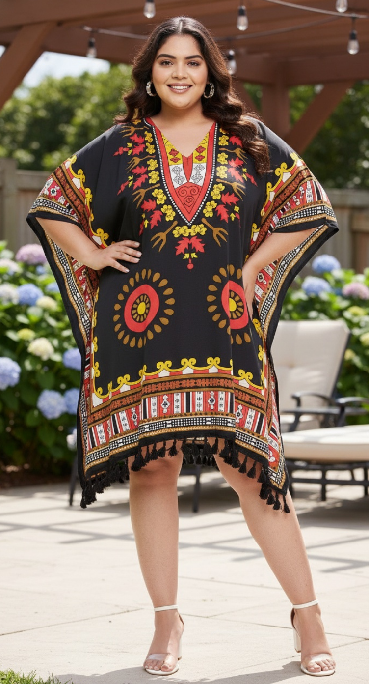 Top Tribal Printed Black Polyester Plus Size Tunic For Women