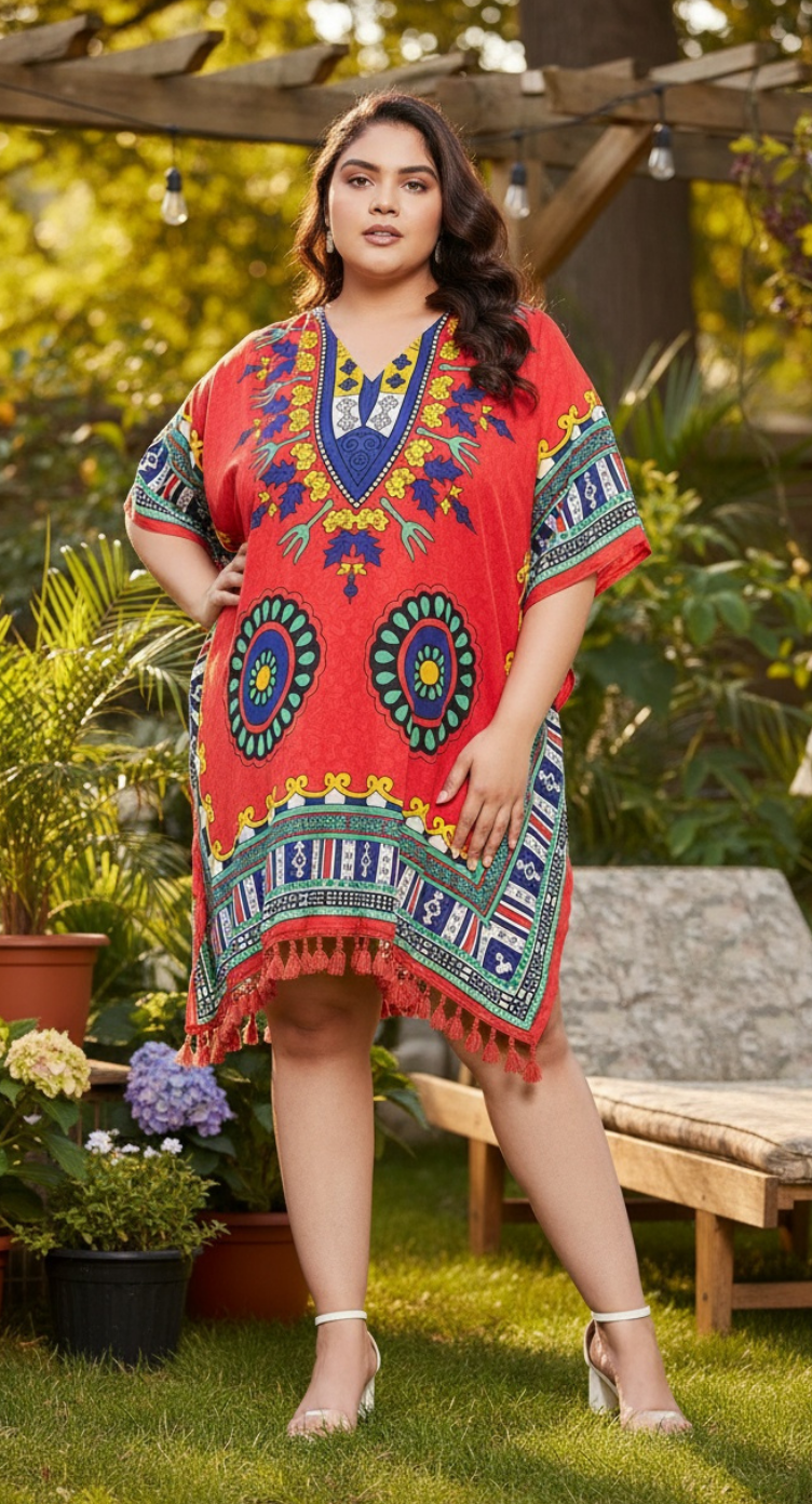 Tribal Printed Red Polyester Tunic Top For Plus Size Women