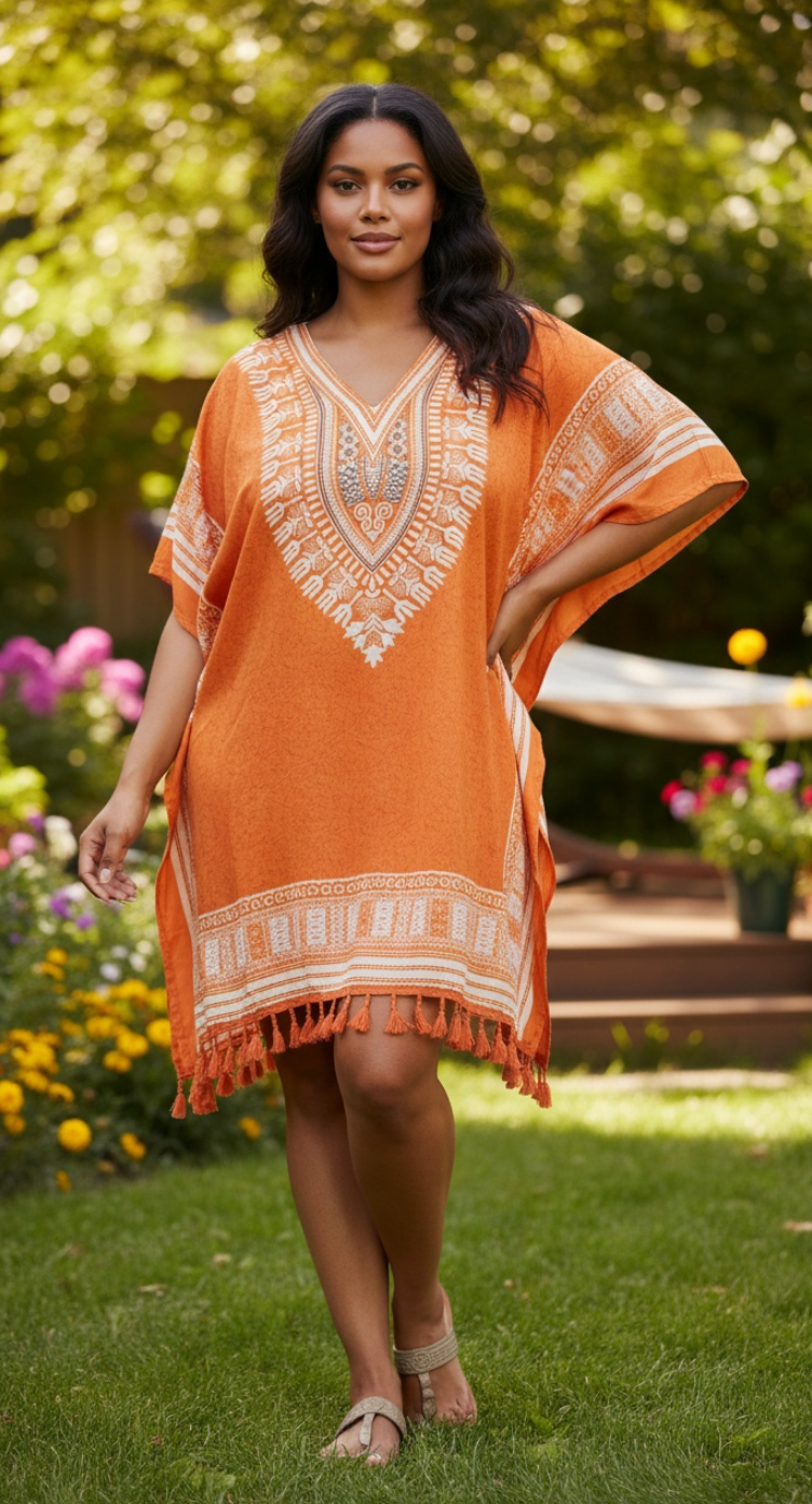 Top For Plus Size Women Tribal Printed Orange Polyester Tunic