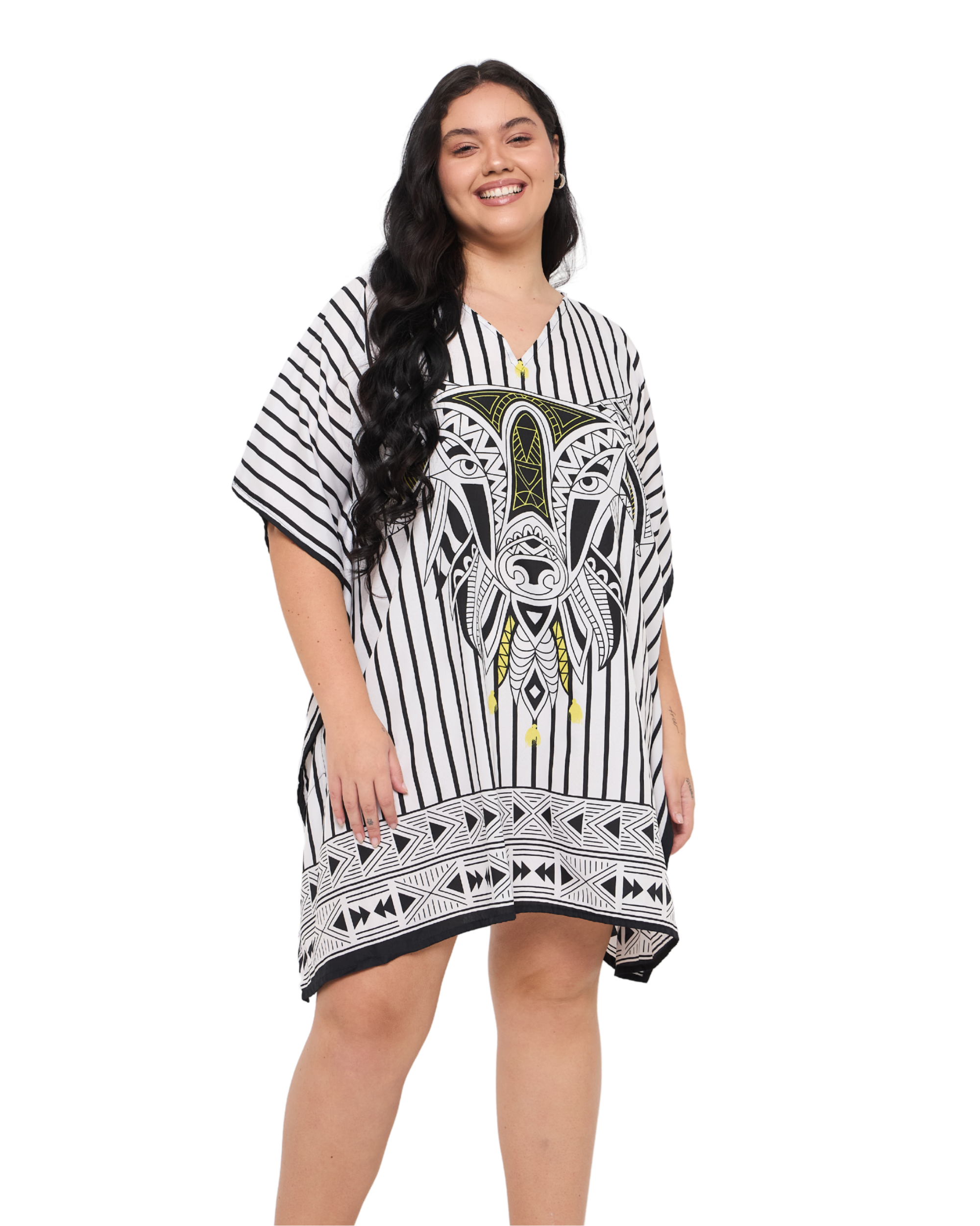 Striped White Plus Size Short Caftan Beach Cover up for Women