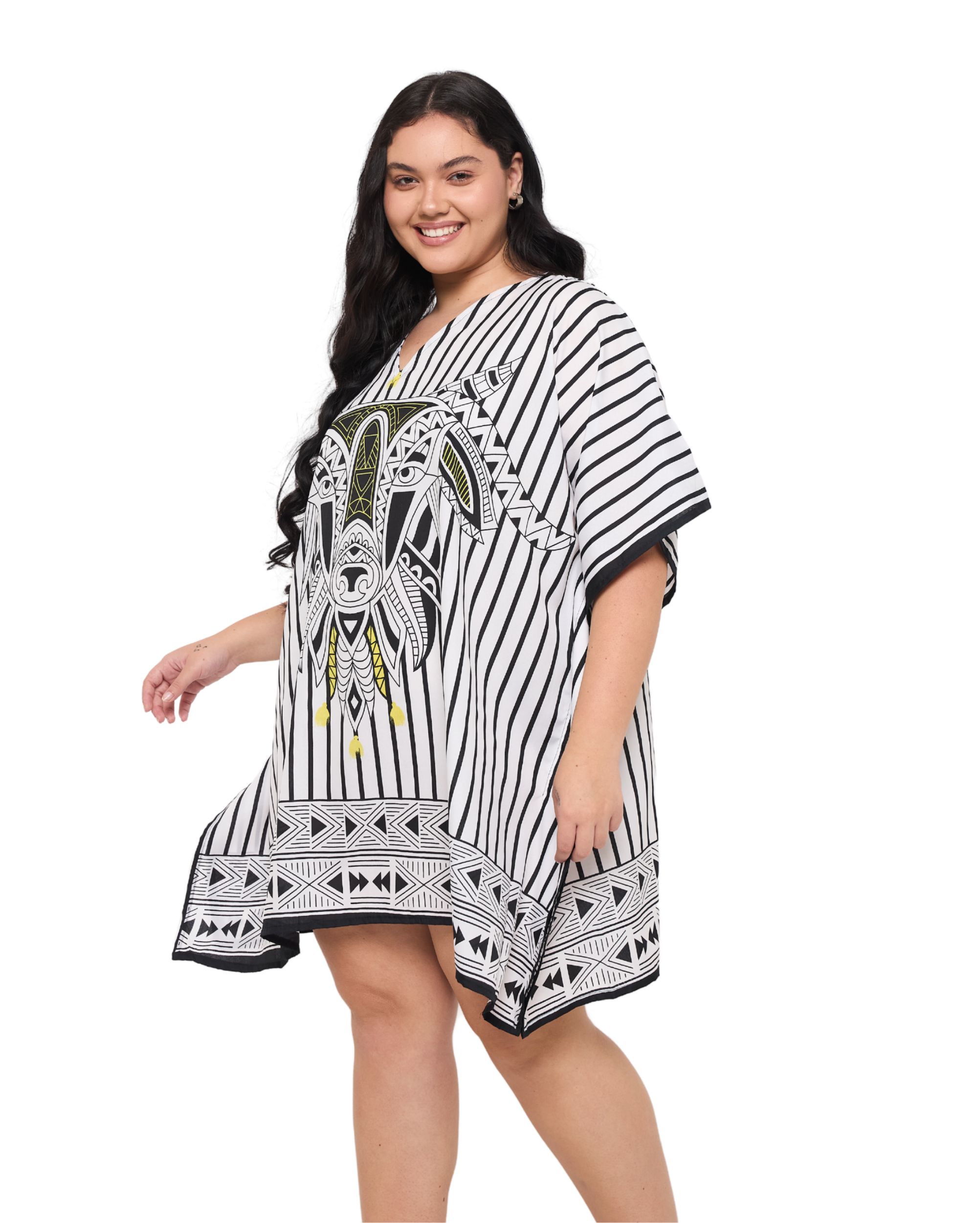 Striped White Plus Size Short Caftan Beach Cover up for Women