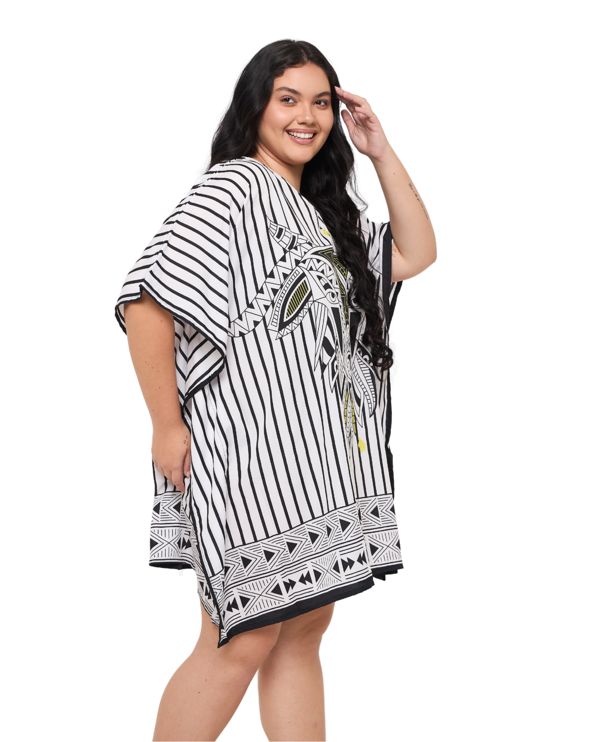 Striped White Plus Size Short Caftan Beach Cover up for Women