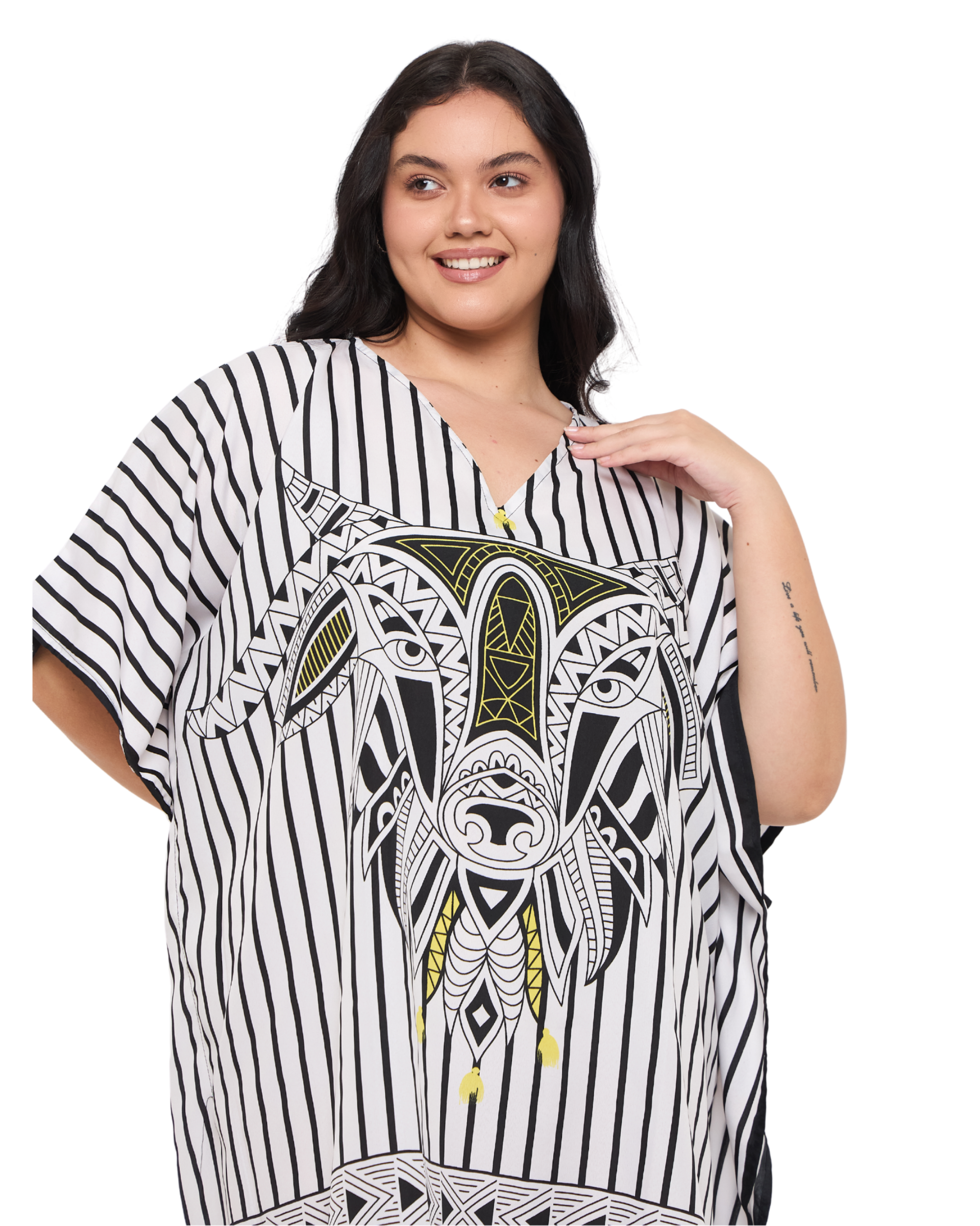 Striped White Plus Size Short Caftan Beach Cover up for Women