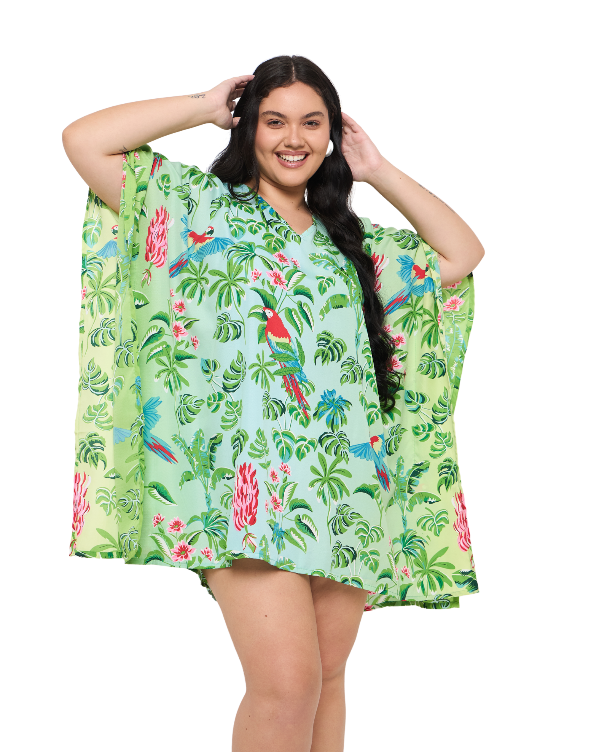 Tropical Leaf Mint Green Women Plus Size Short Beach Caftan
