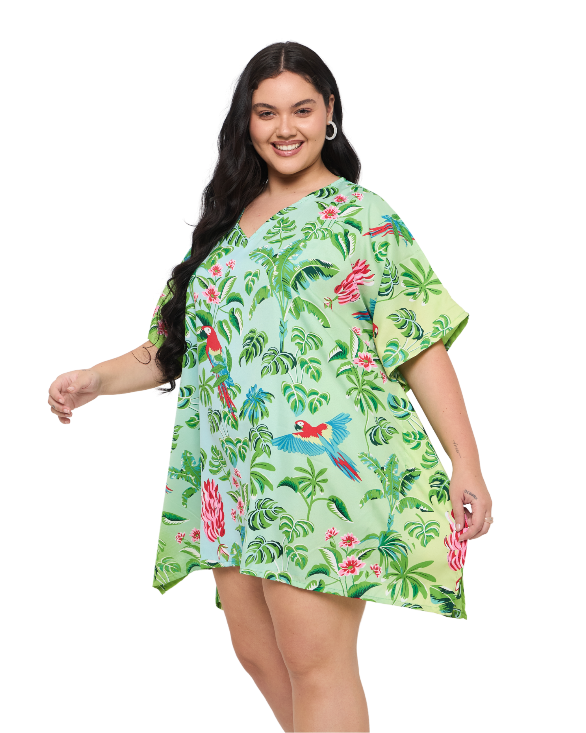 Tropical Leaf Mint Green Women Plus Size Short Beach Caftan