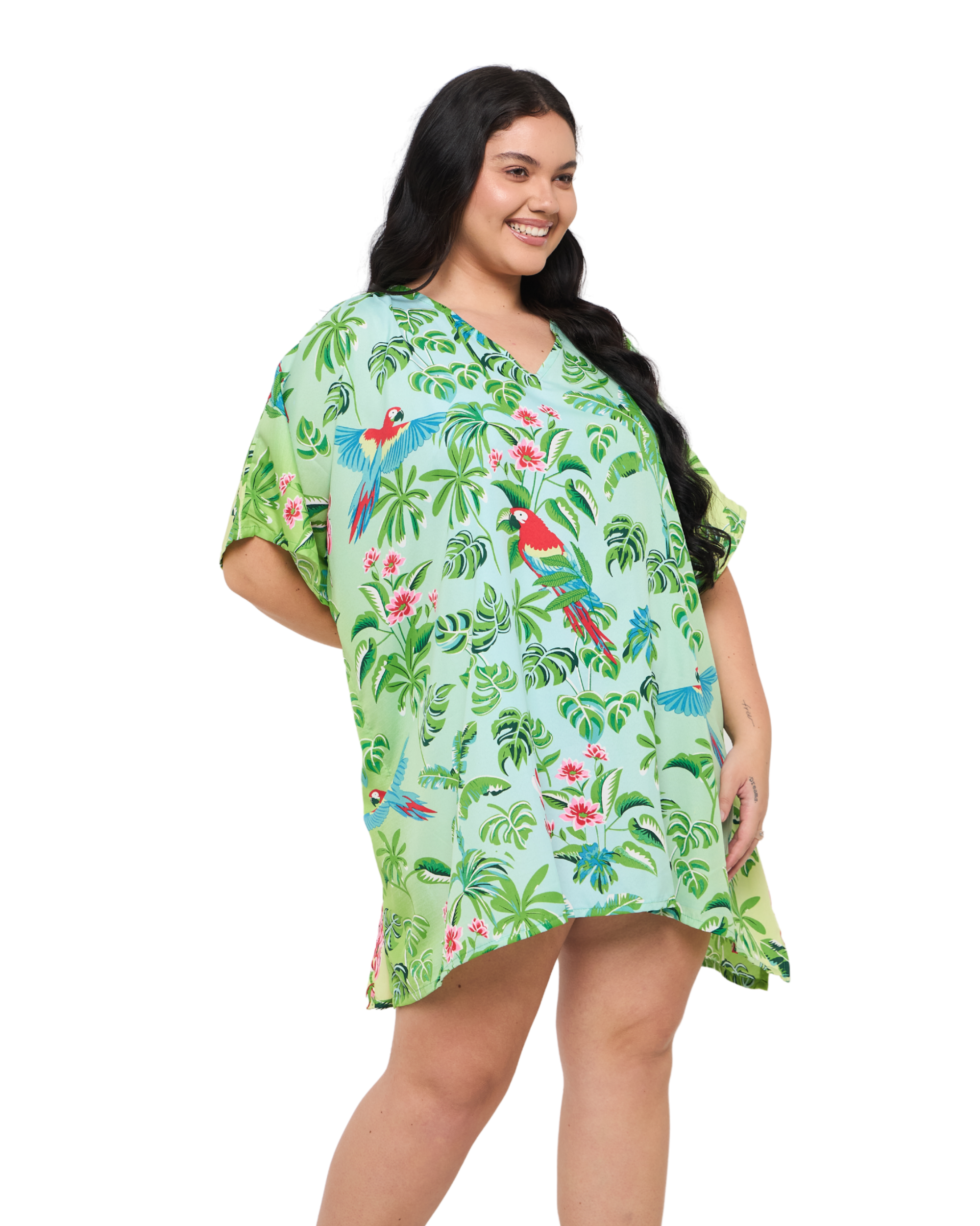 Tropical Leaf Mint Green Women Plus Size Short Beach Caftan