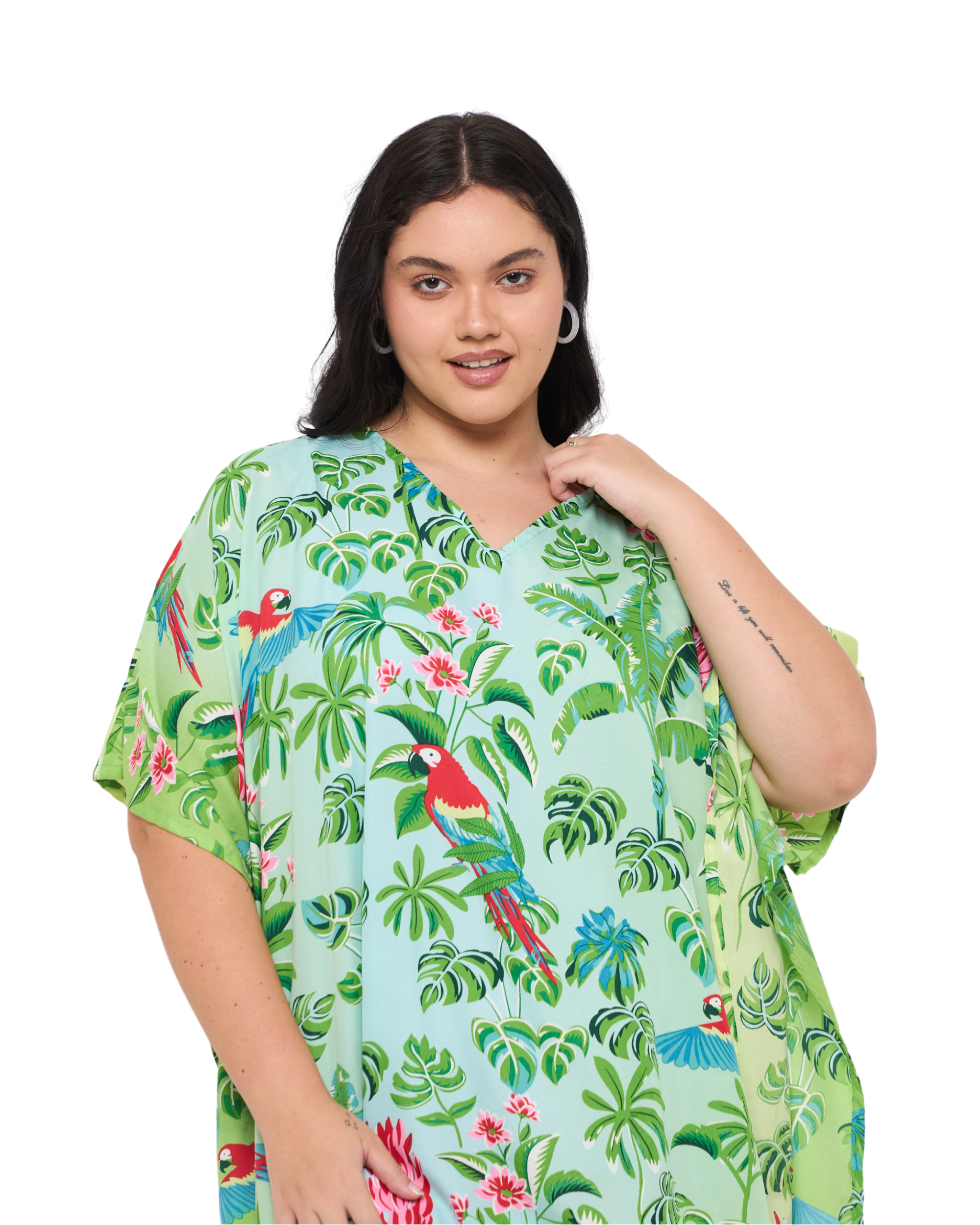 Tropical Leaf Mint Green Women Plus Size Short Beach Caftan