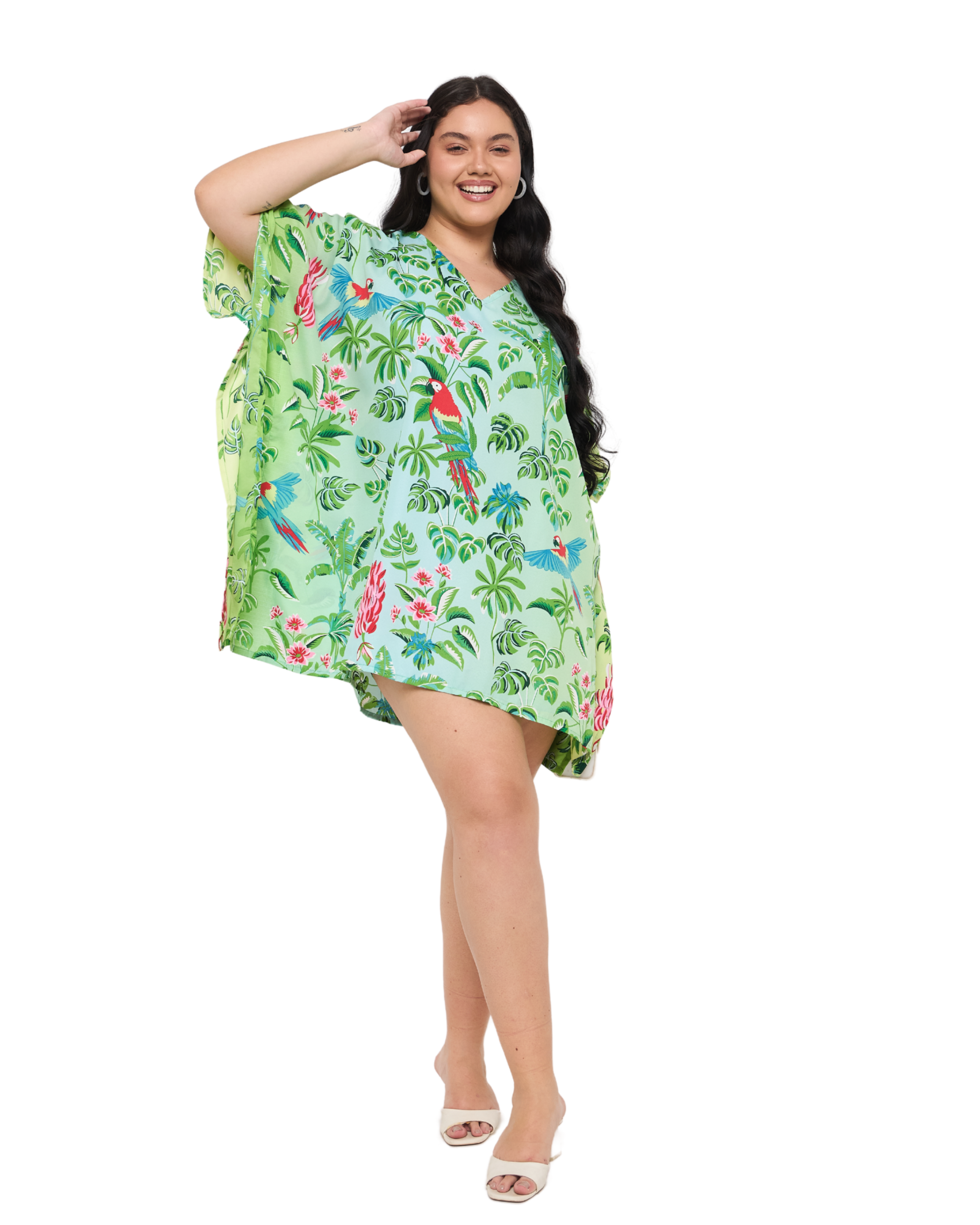 Tropical Leaf Mint Green Women Plus Size Short Beach Caftan