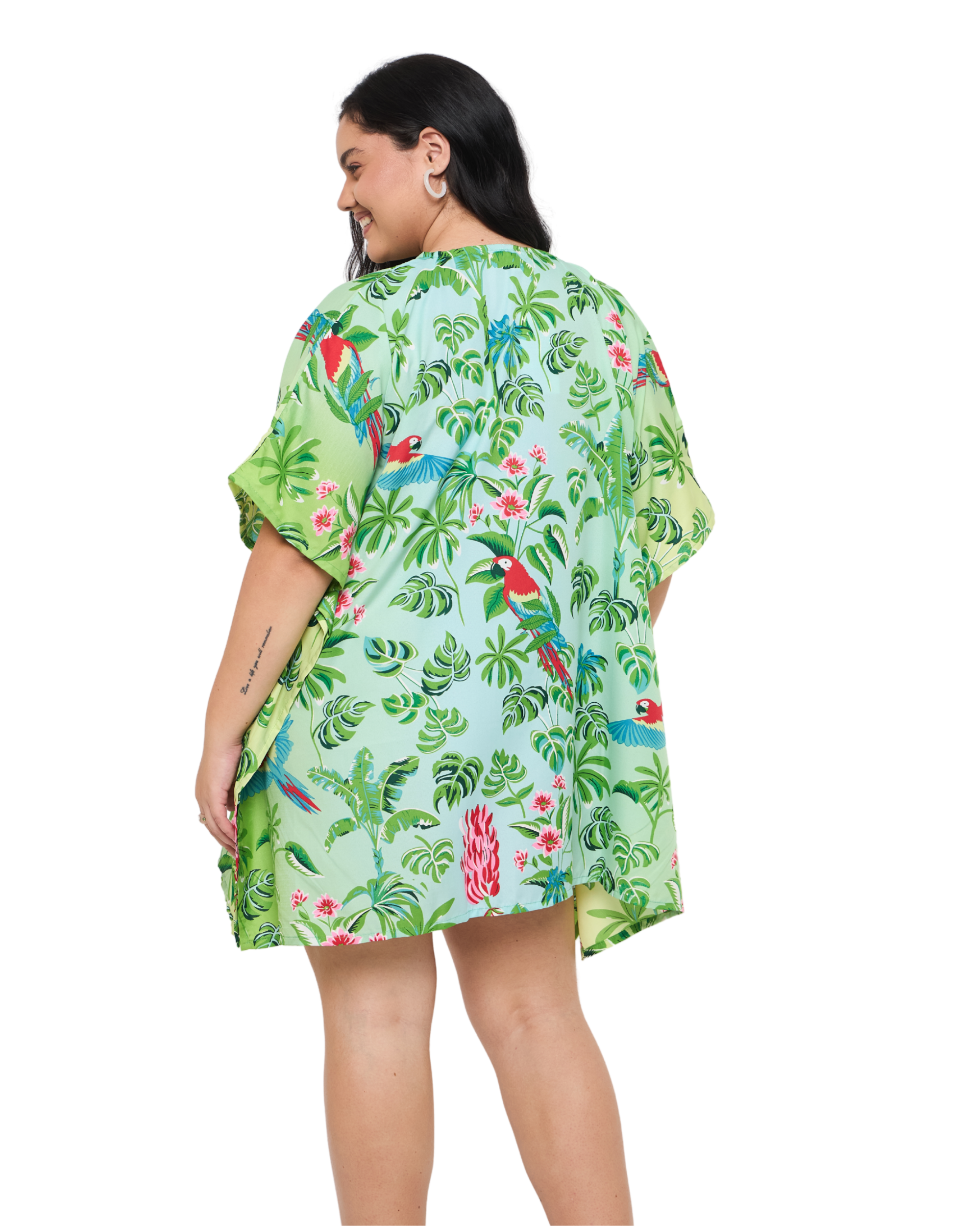 Tropical Leaf Mint Green Women Plus Size Short Beach Caftan