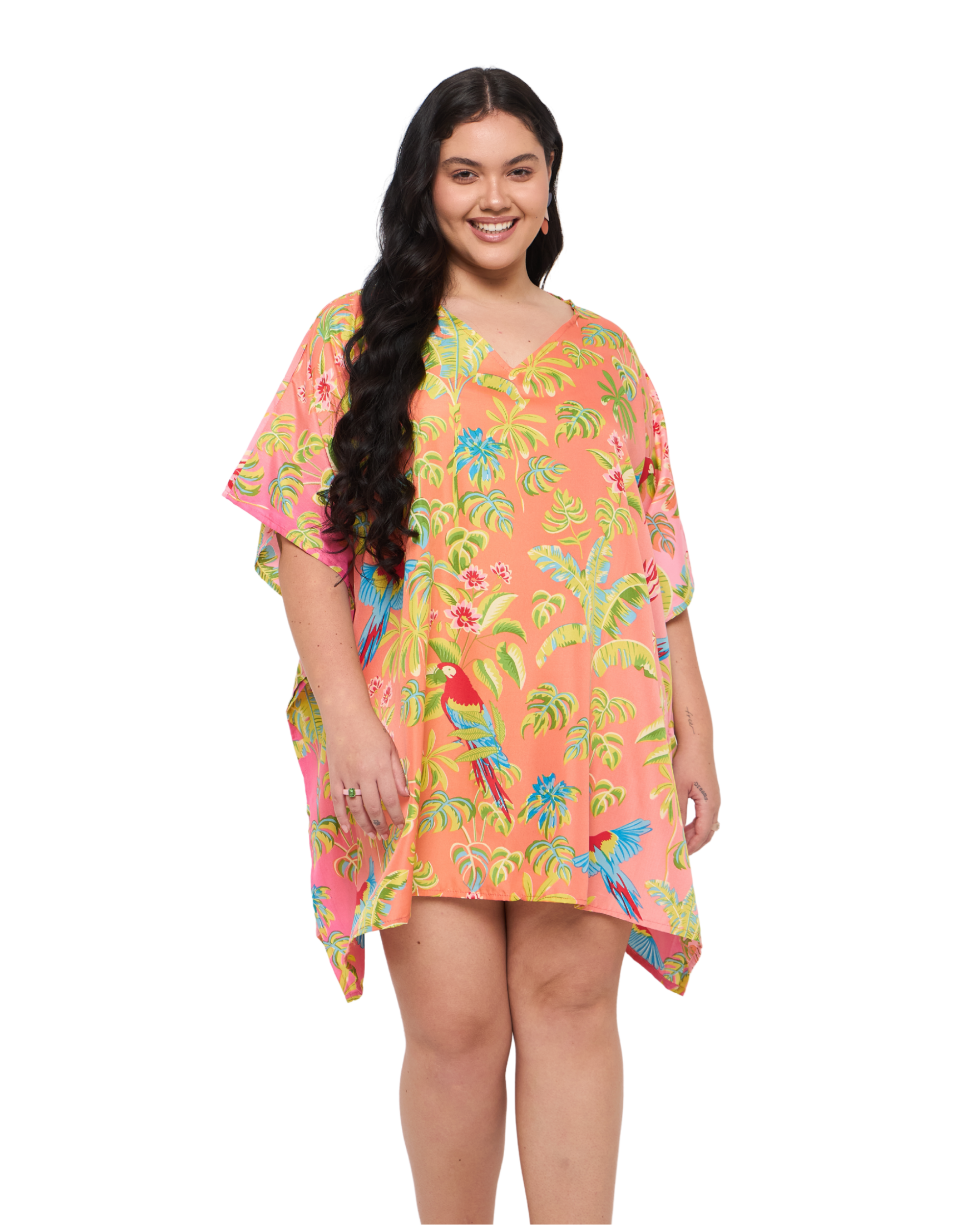 Tropical Leaf Peach Plus Size Short Beach Dress for Women