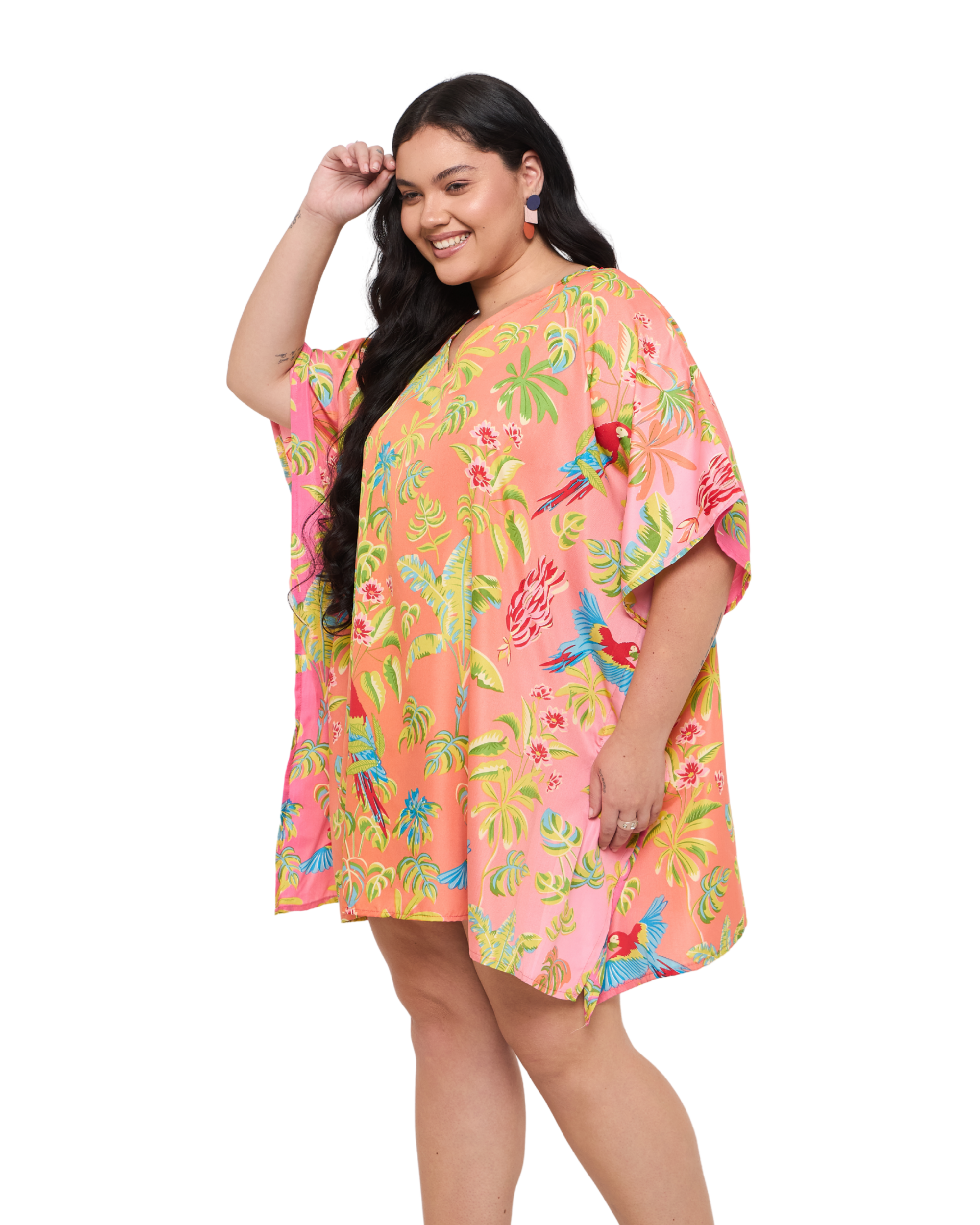 Tropical Leaf Peach Plus Size Short Beach Dress for Women