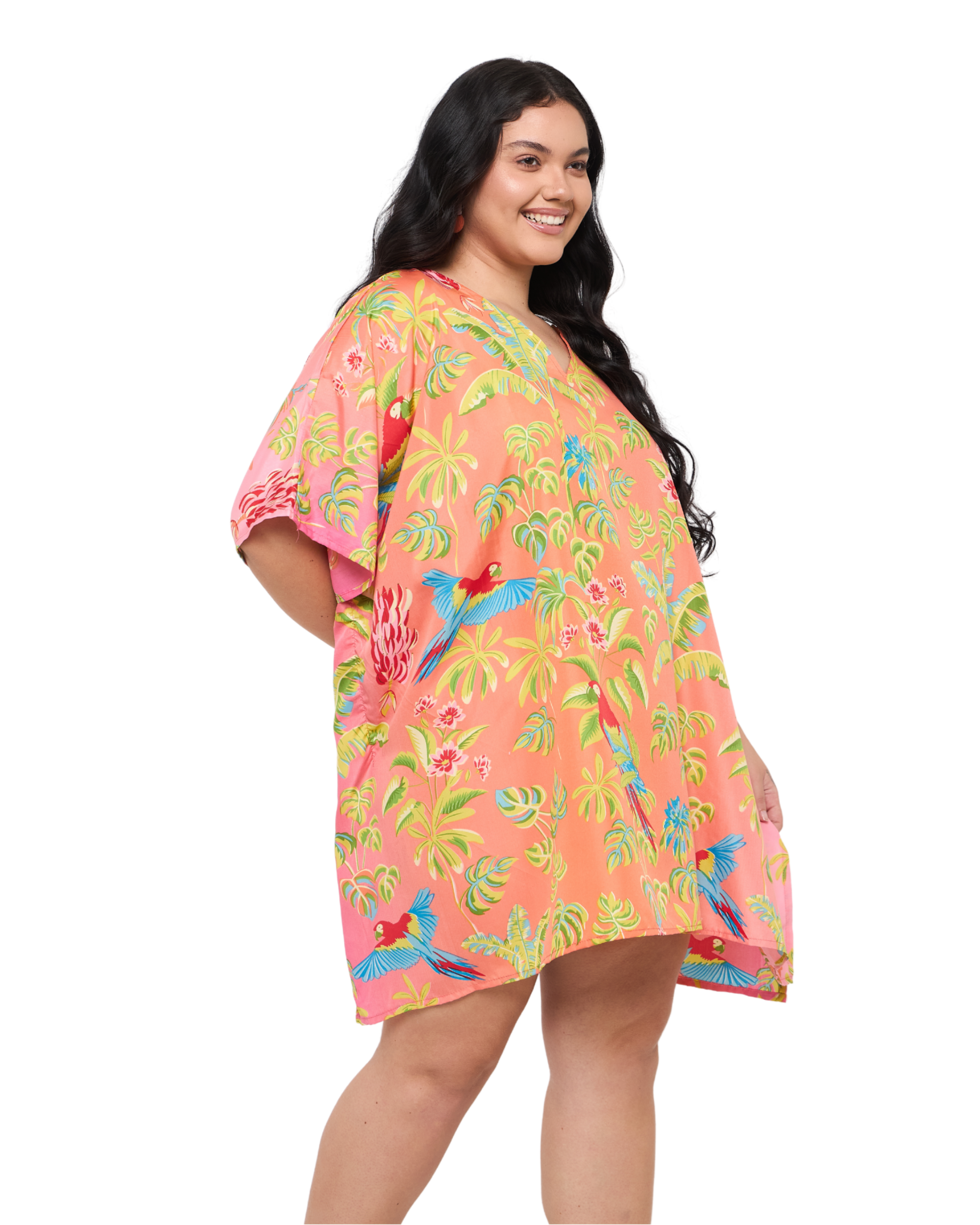 Tropical Leaf Peach Plus Size Short Beach Dress for Women