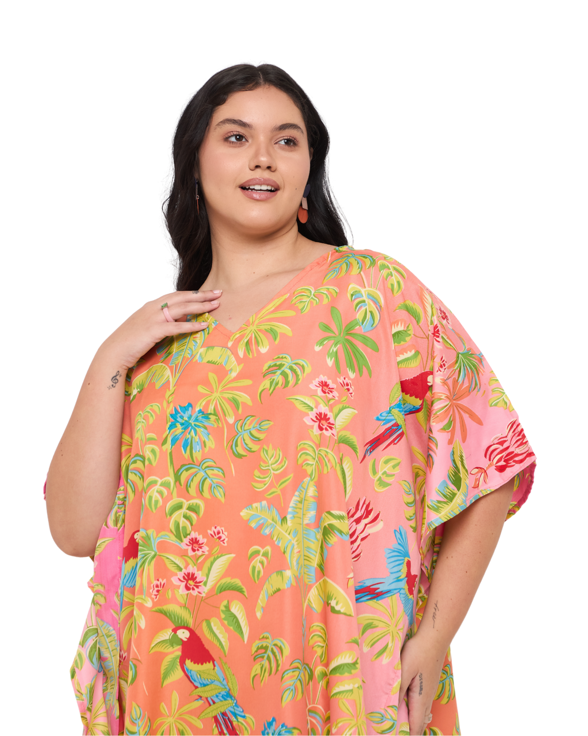 Tropical Leaf Peach Plus Size Short Beach Dress for Women