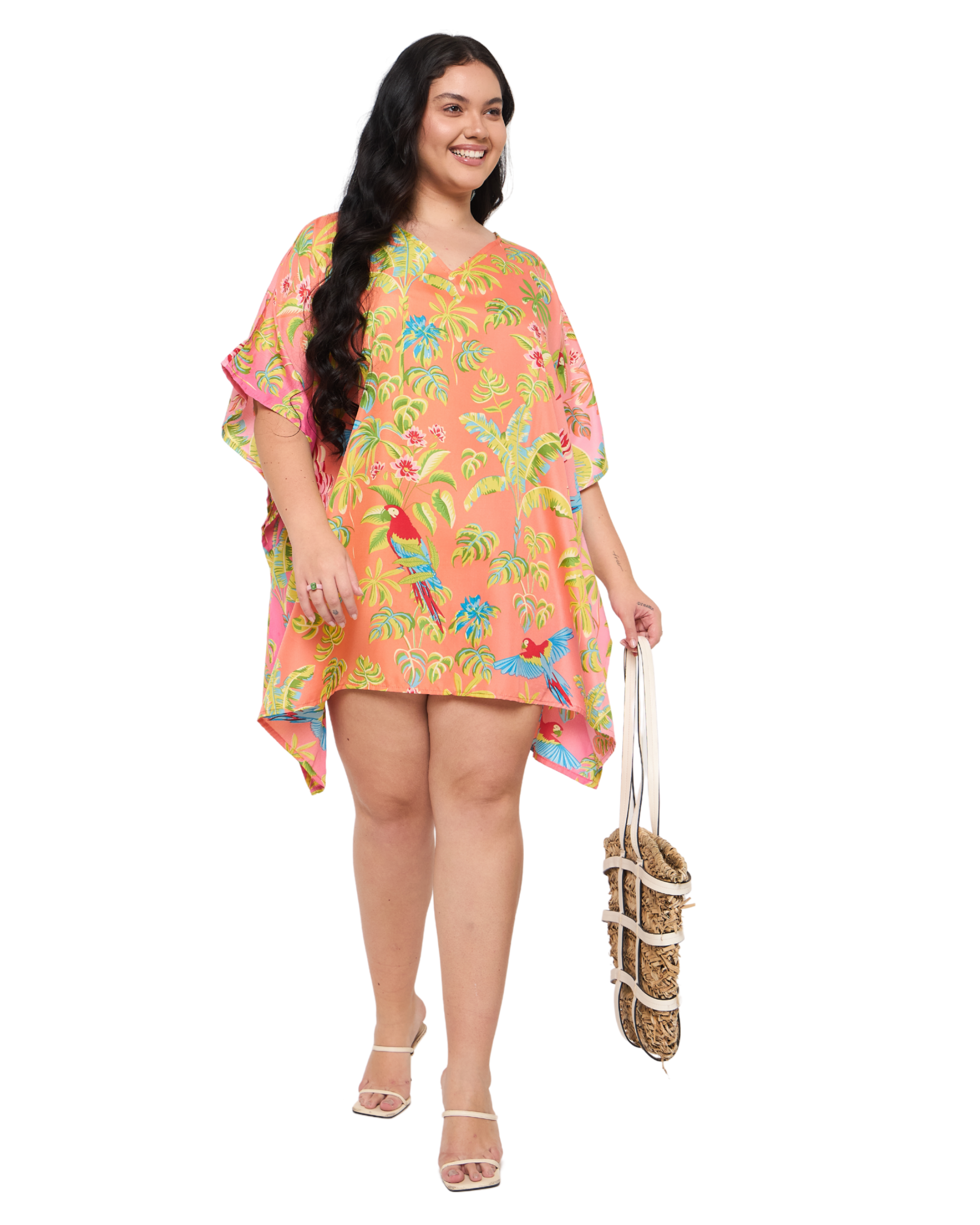 Tropical Leaf Peach Plus Size Short Beach Dress for Women