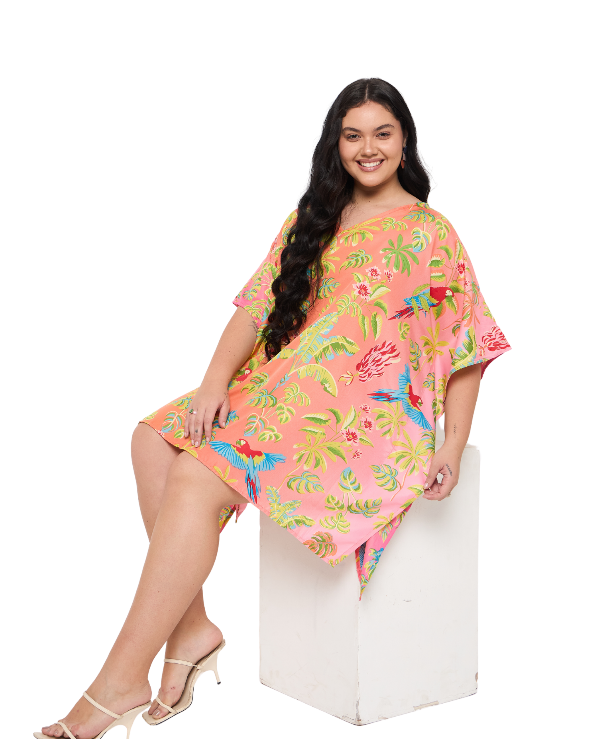 Tropical Leaf Peach Plus Size Short Beach Dress for Women