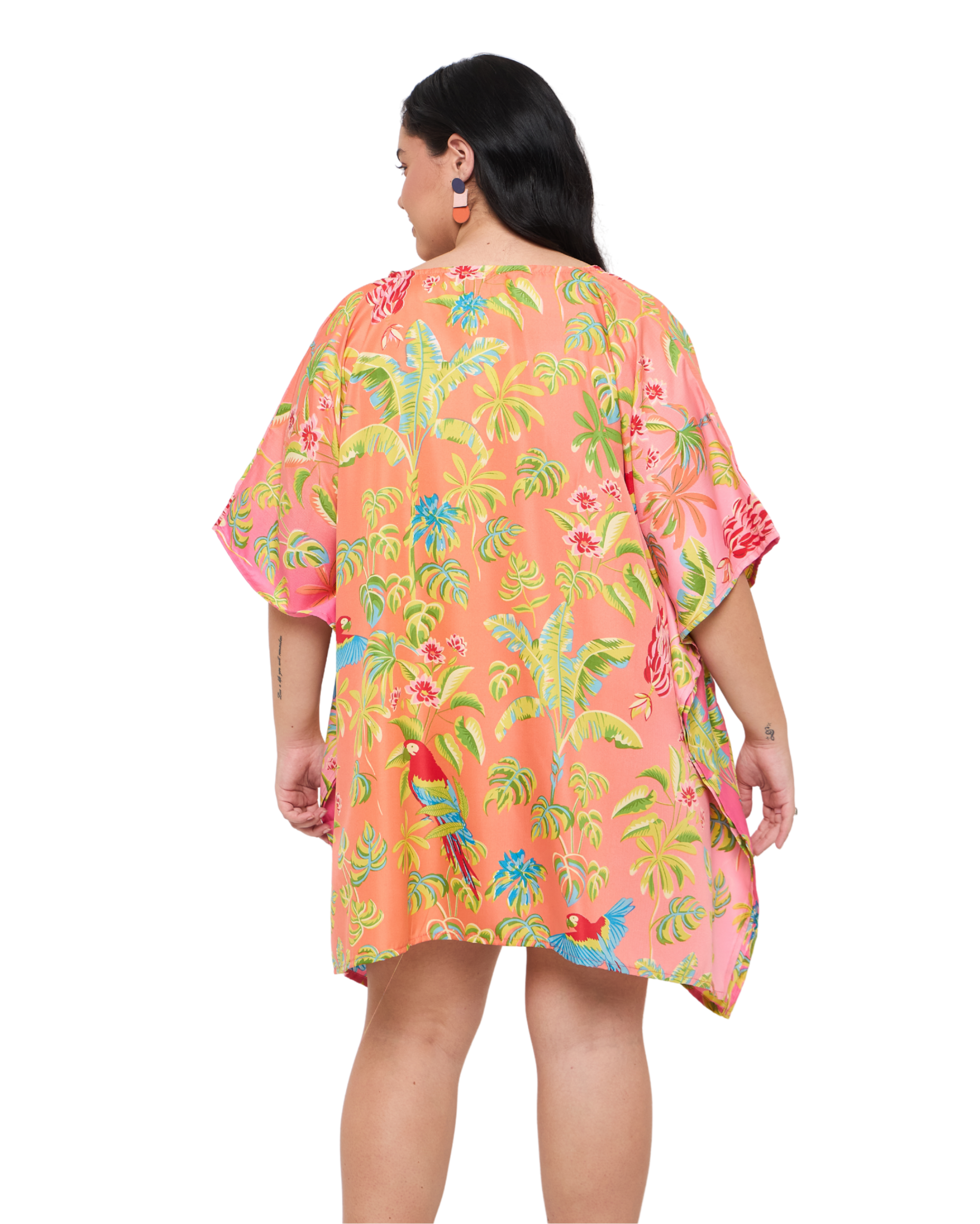 Tropical Leaf Peach Plus Size Short Beach Dress for Women