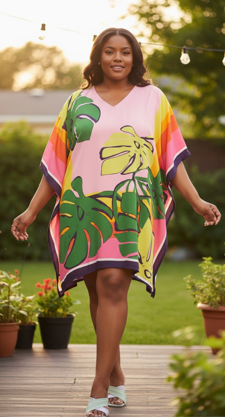 Leaf Printed Multicolor Plus Size Polyester Tunic Top For Women