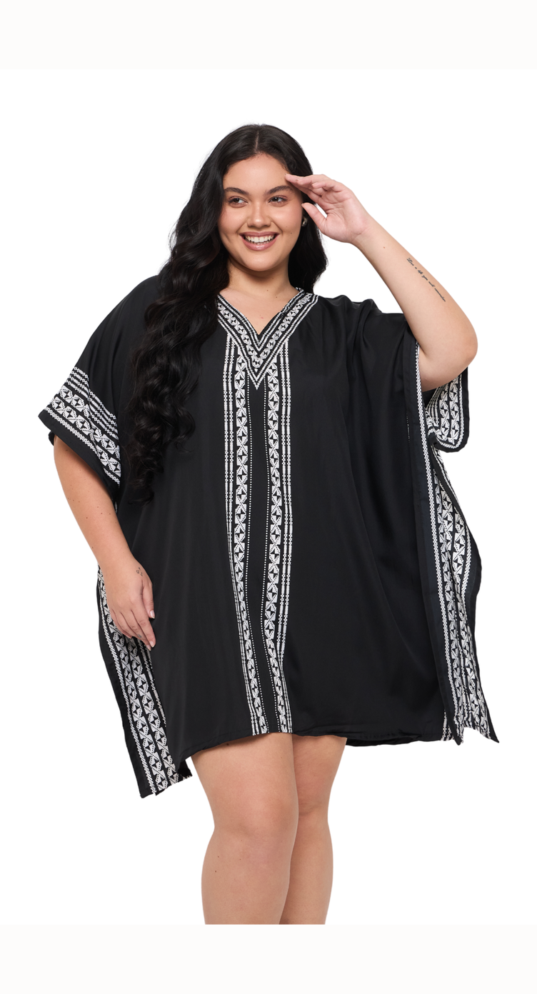 Black Striped Polyester Women Plus Size Short Kaftan - SKU SG136-8969 - Gypsie Blu