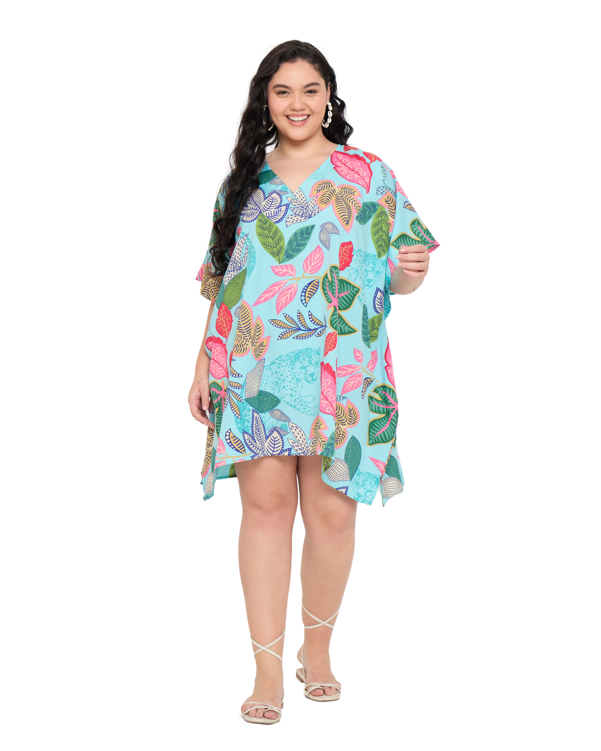 Tropical Leaf Turquoise Plus Size Short Tunic Dress for Women