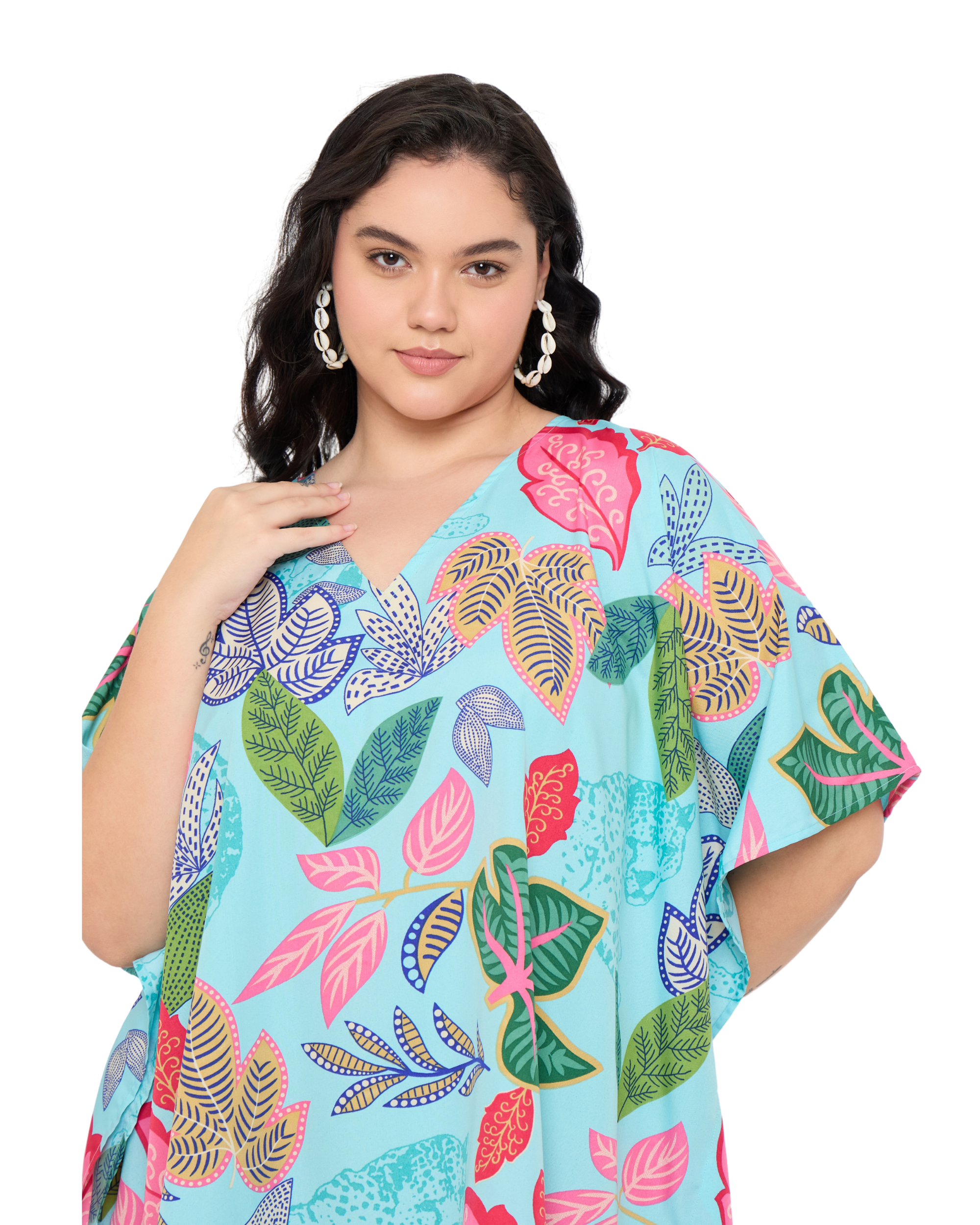 Tropical Leaf Turquoise Plus Size Short Tunic Dress for Women