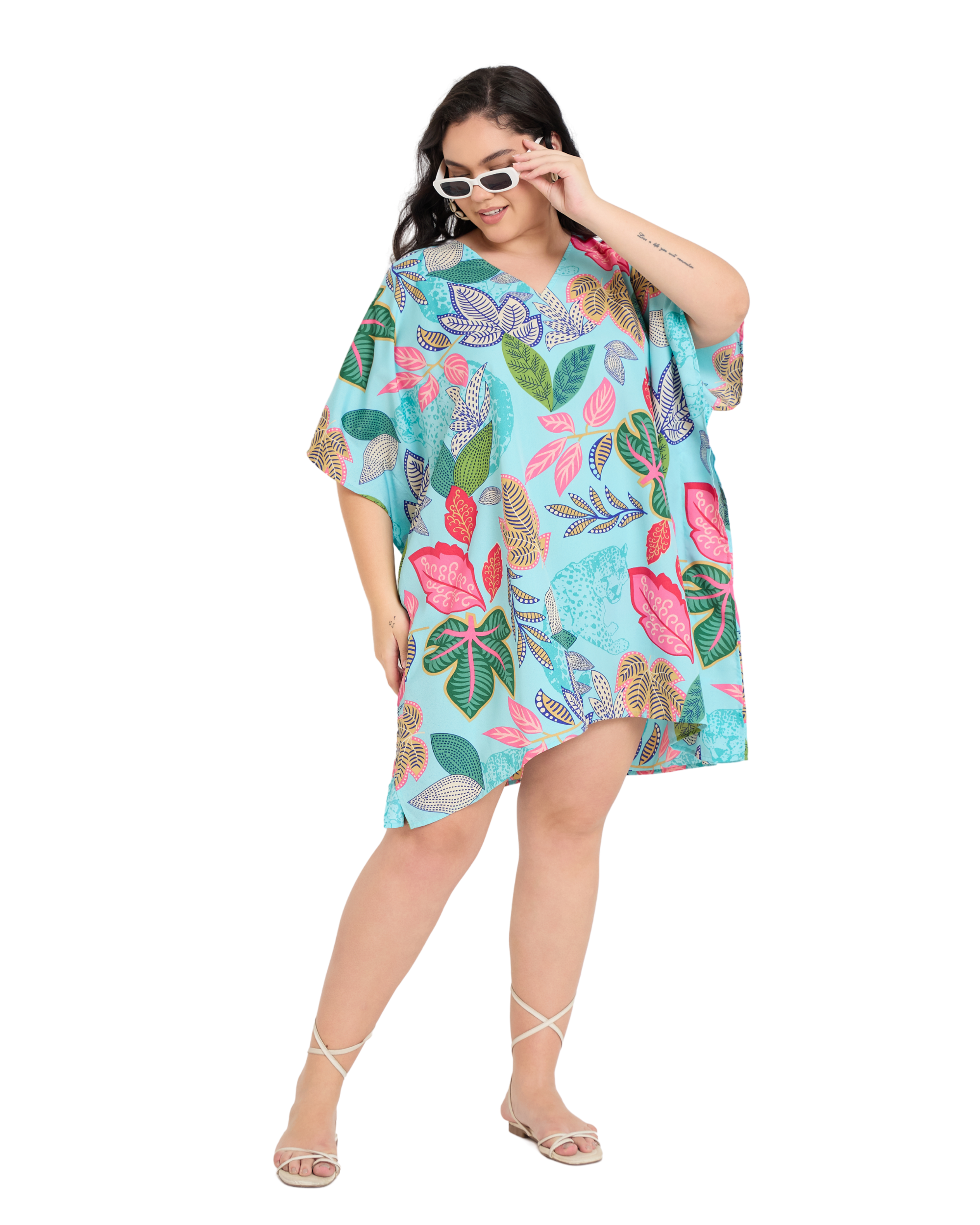 Tropical Leaf Turquoise Plus Size Short Tunic Dress for Women