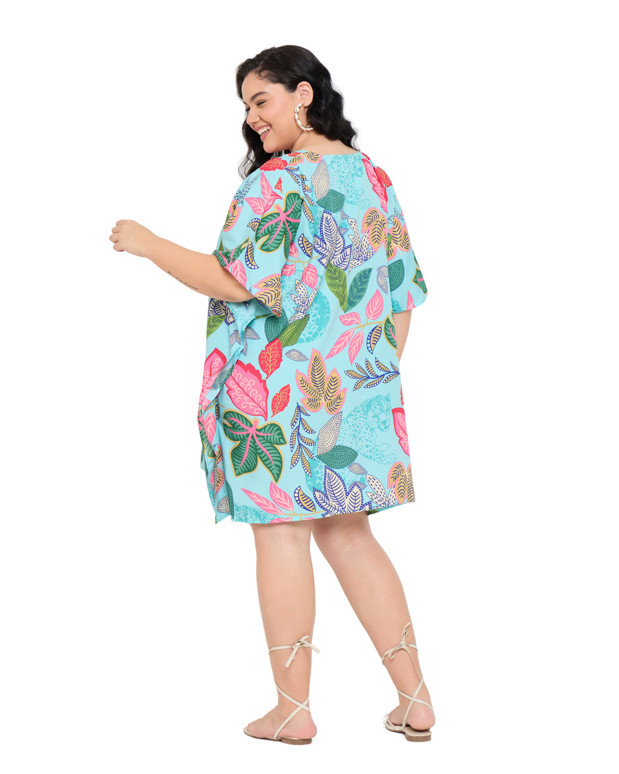 Tropical Leaf Turquoise Plus Size Short Tunic Dress for Women