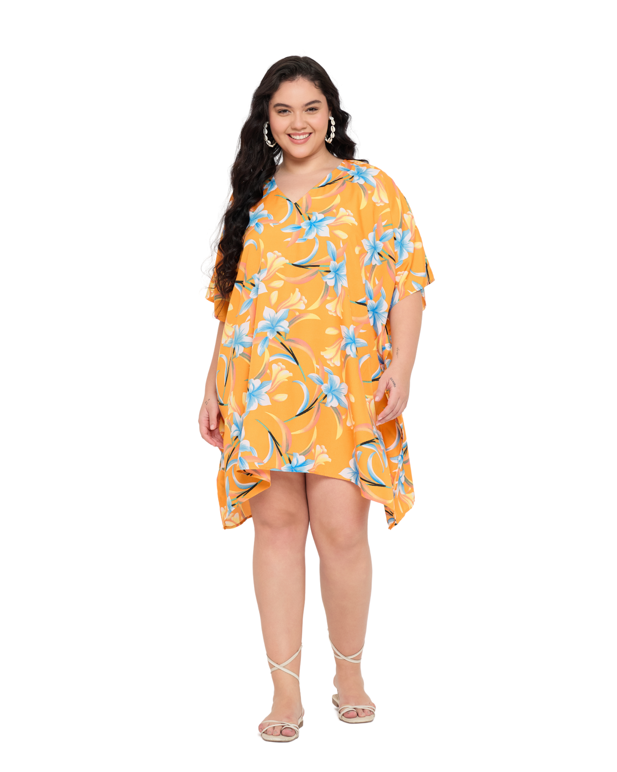Floral Golden Orange Polyester Women Plus Size Tunic Cover up