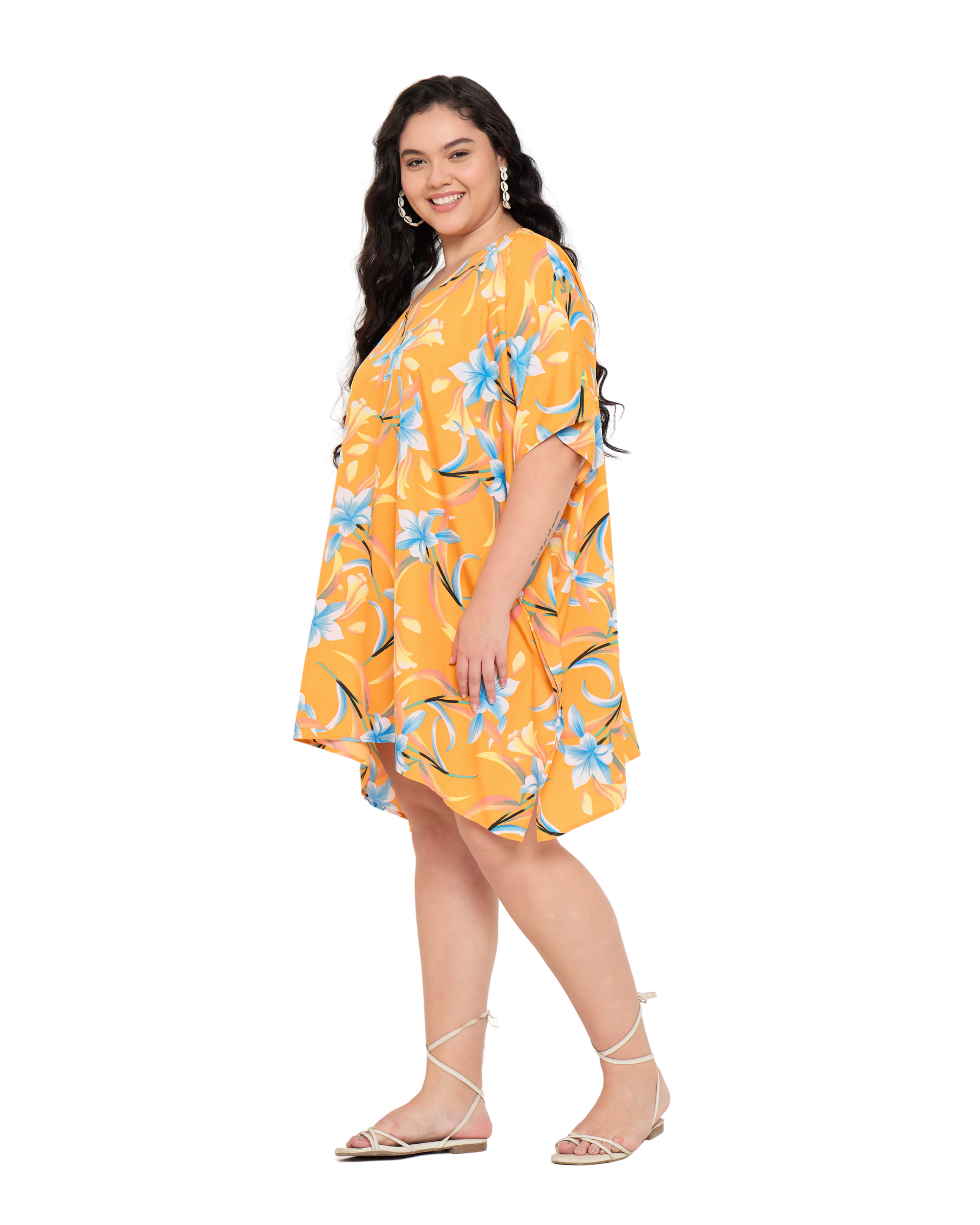 Floral Golden Orange Polyester Women Plus Size Tunic Cover up