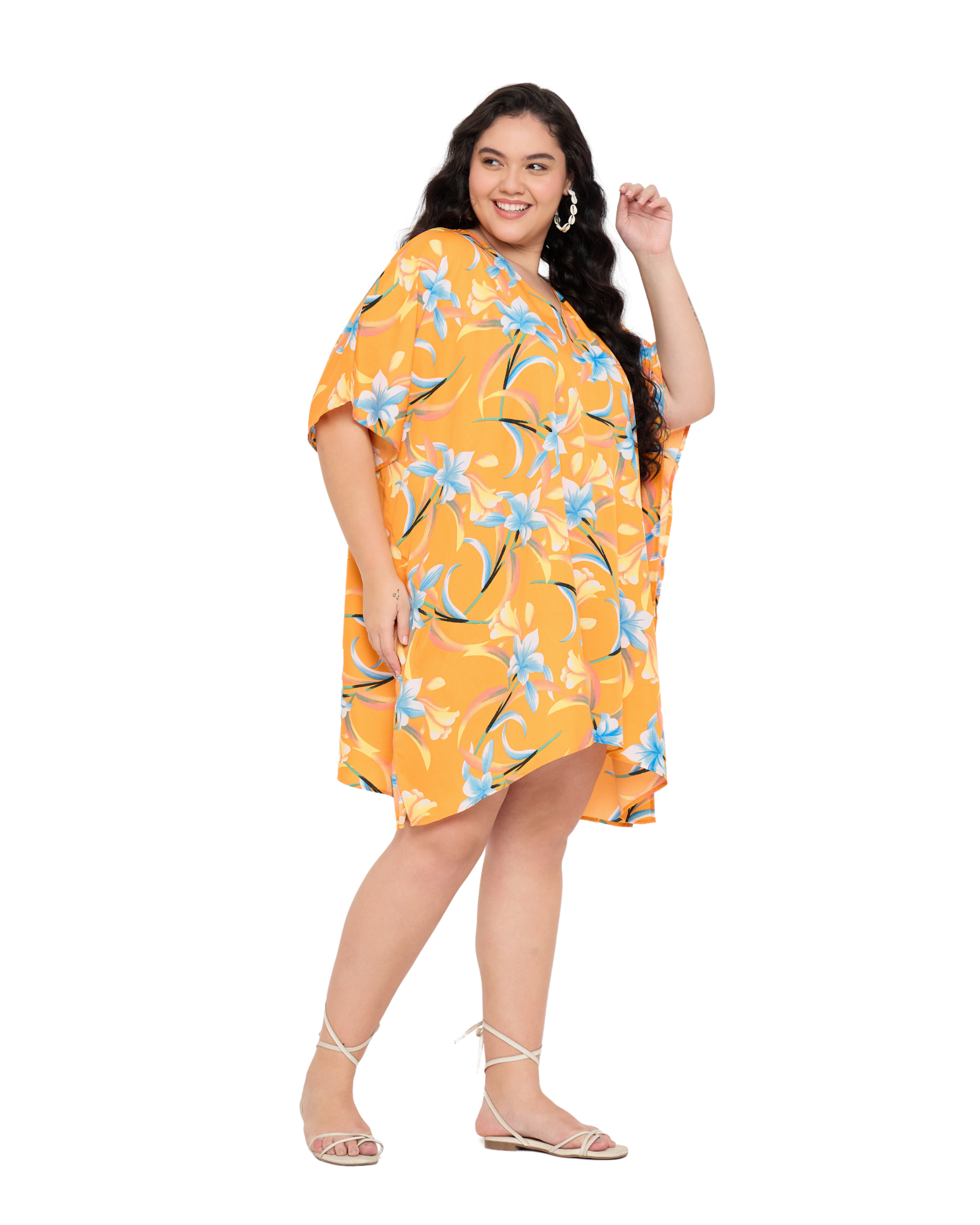 Floral Golden Orange Polyester Women Plus Size Tunic Cover up