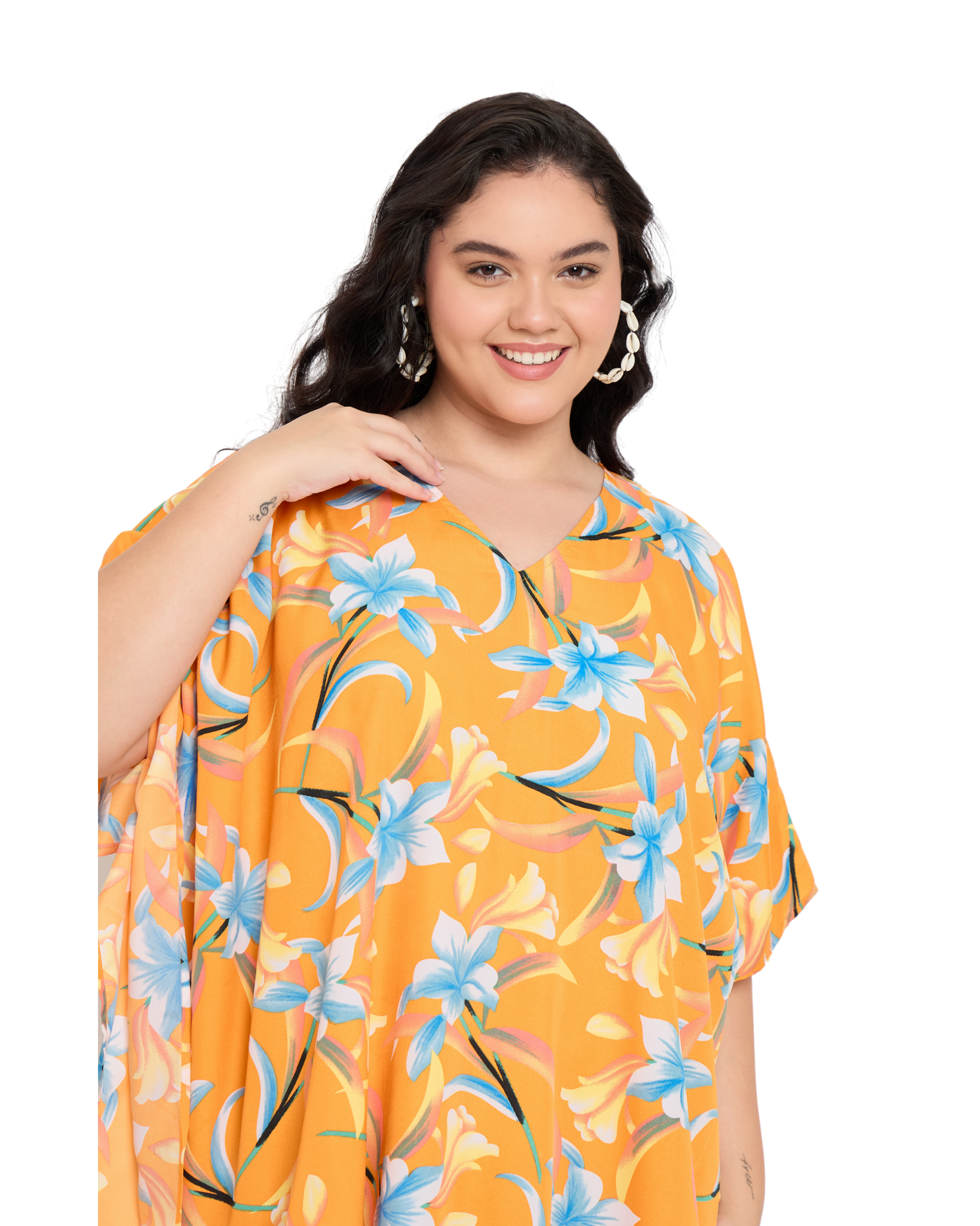Floral Golden Orange Polyester Women Plus Size Tunic Cover up