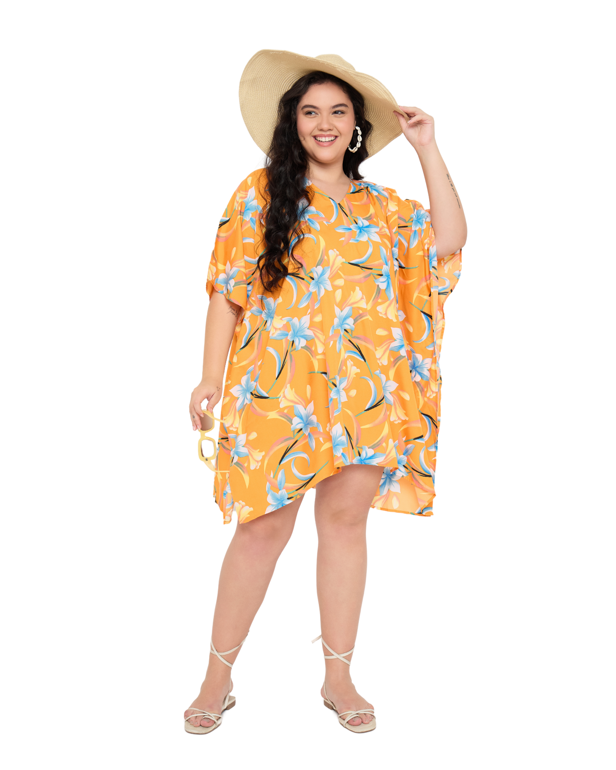 Floral Golden Orange Polyester Women Plus Size Tunic Cover up
