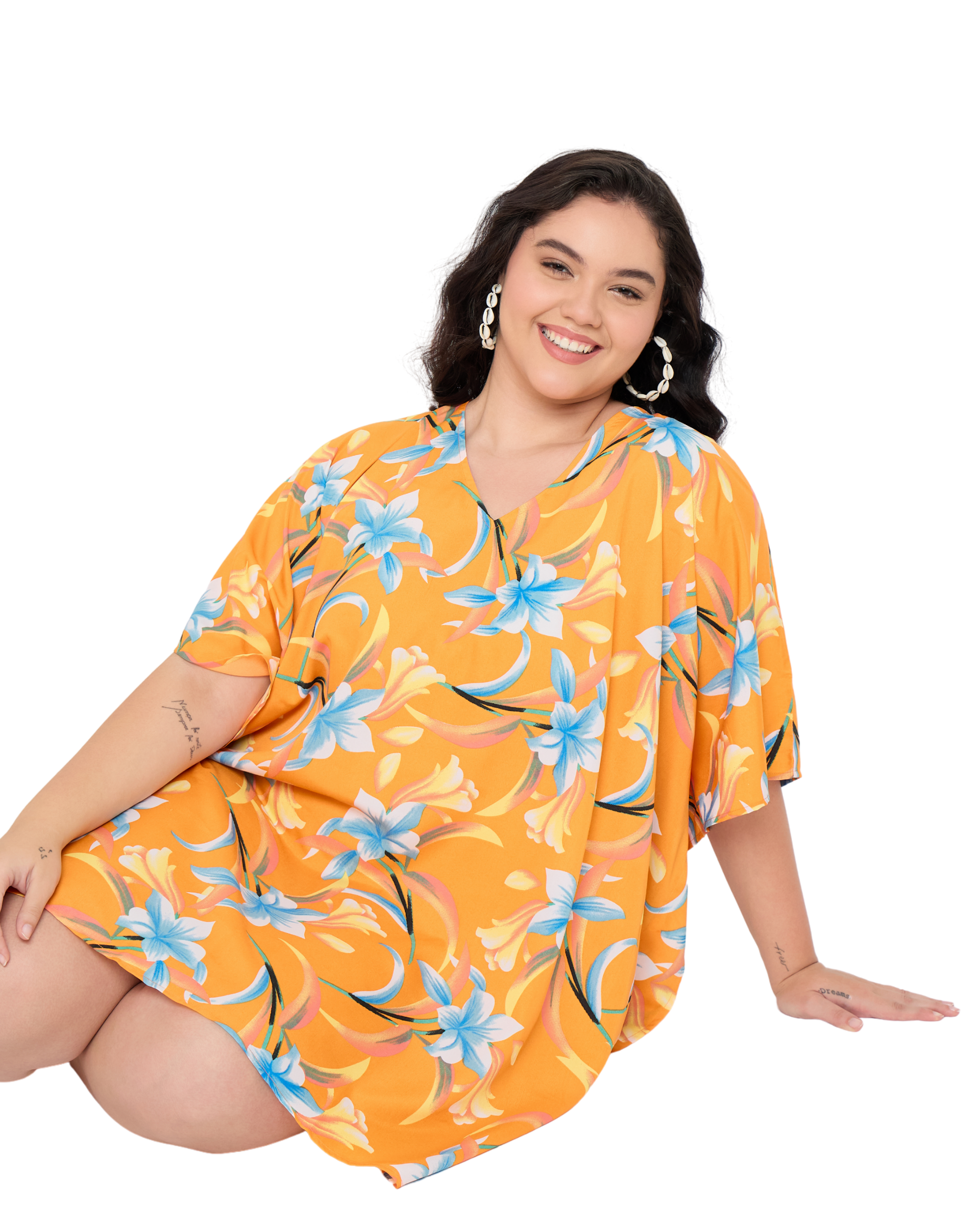 Floral Golden Orange Polyester Women Plus Size Tunic Cover up