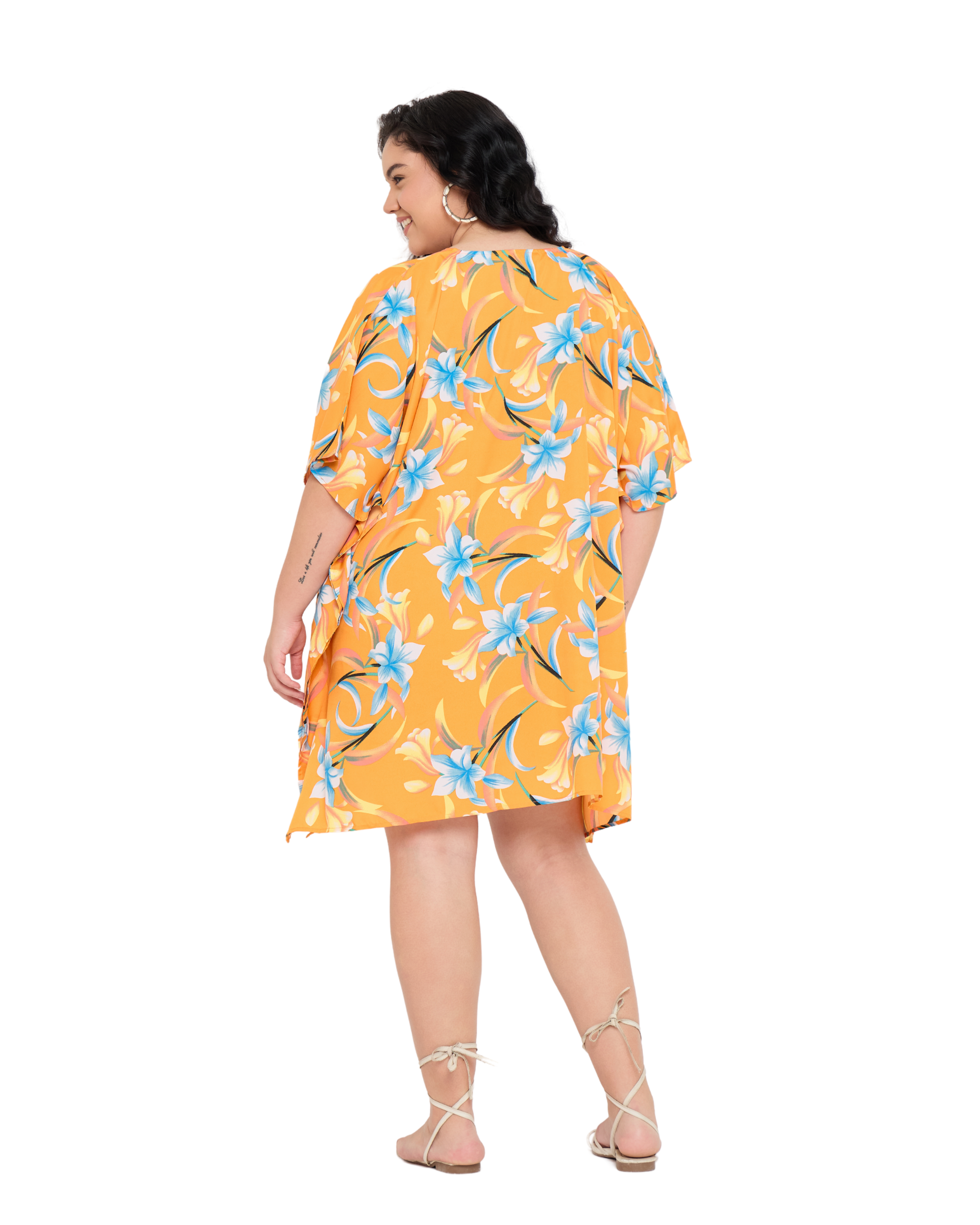 Floral Golden Orange Polyester Women Plus Size Tunic Cover up