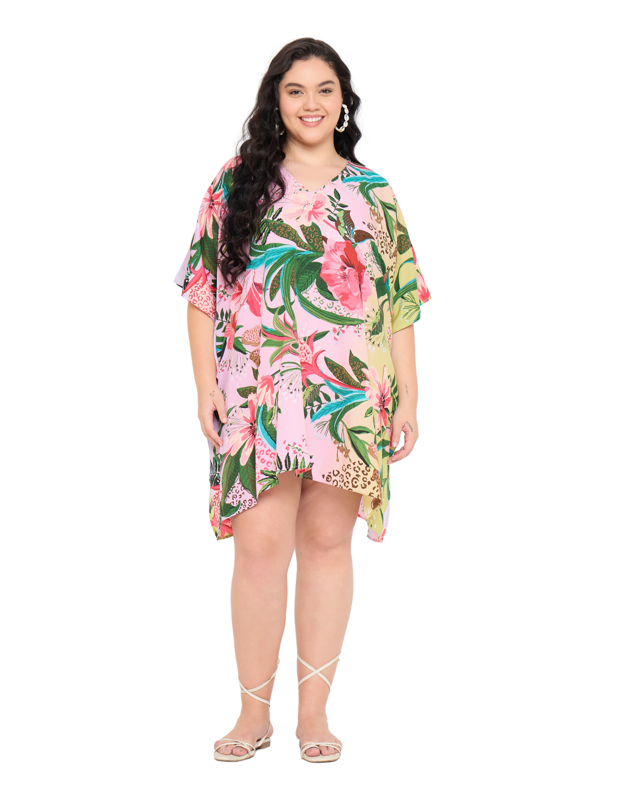 Floral Pastel Pink Polyester Plus Size Tunic Top for Women