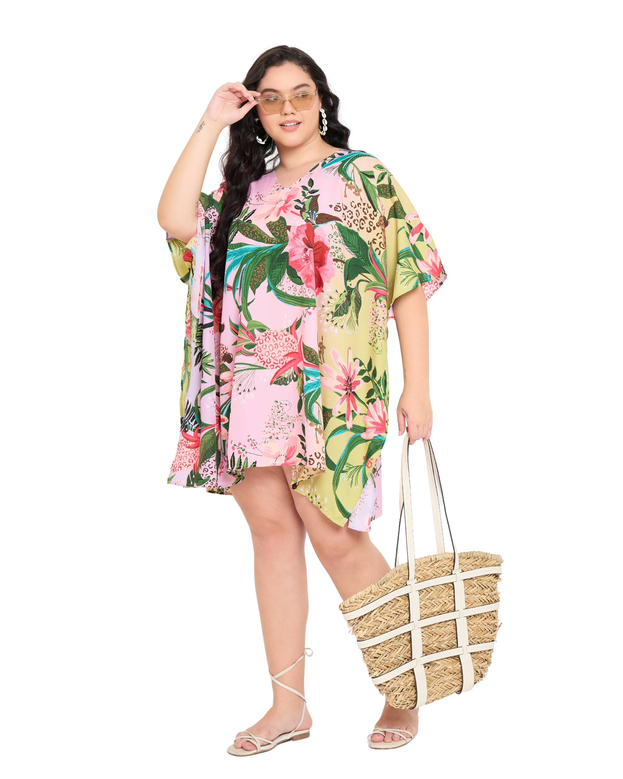 Floral Pastel Pink Polyester Plus Size Tunic Top for Women