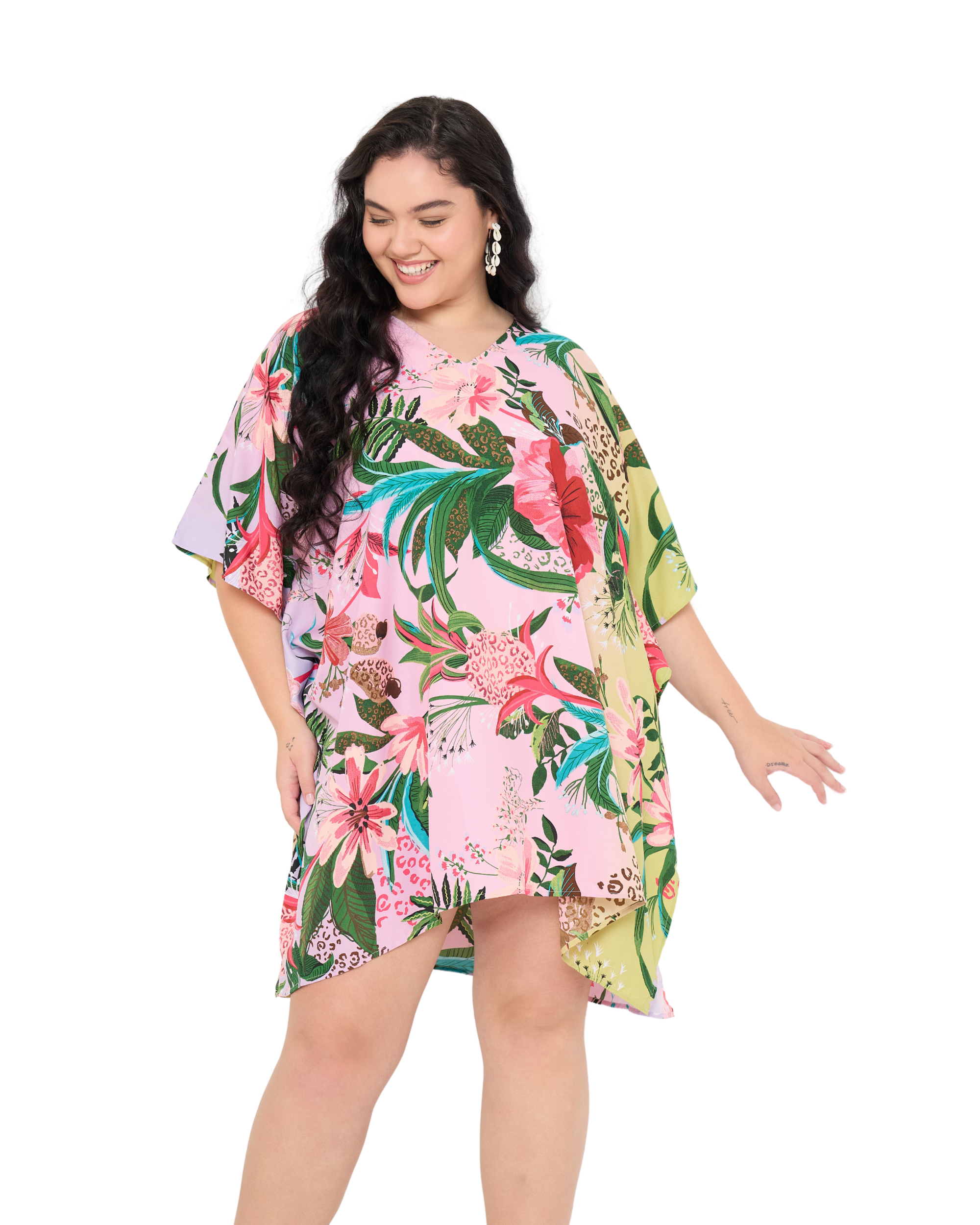 Floral Pastel Pink Polyester Plus Size Tunic Top for Women