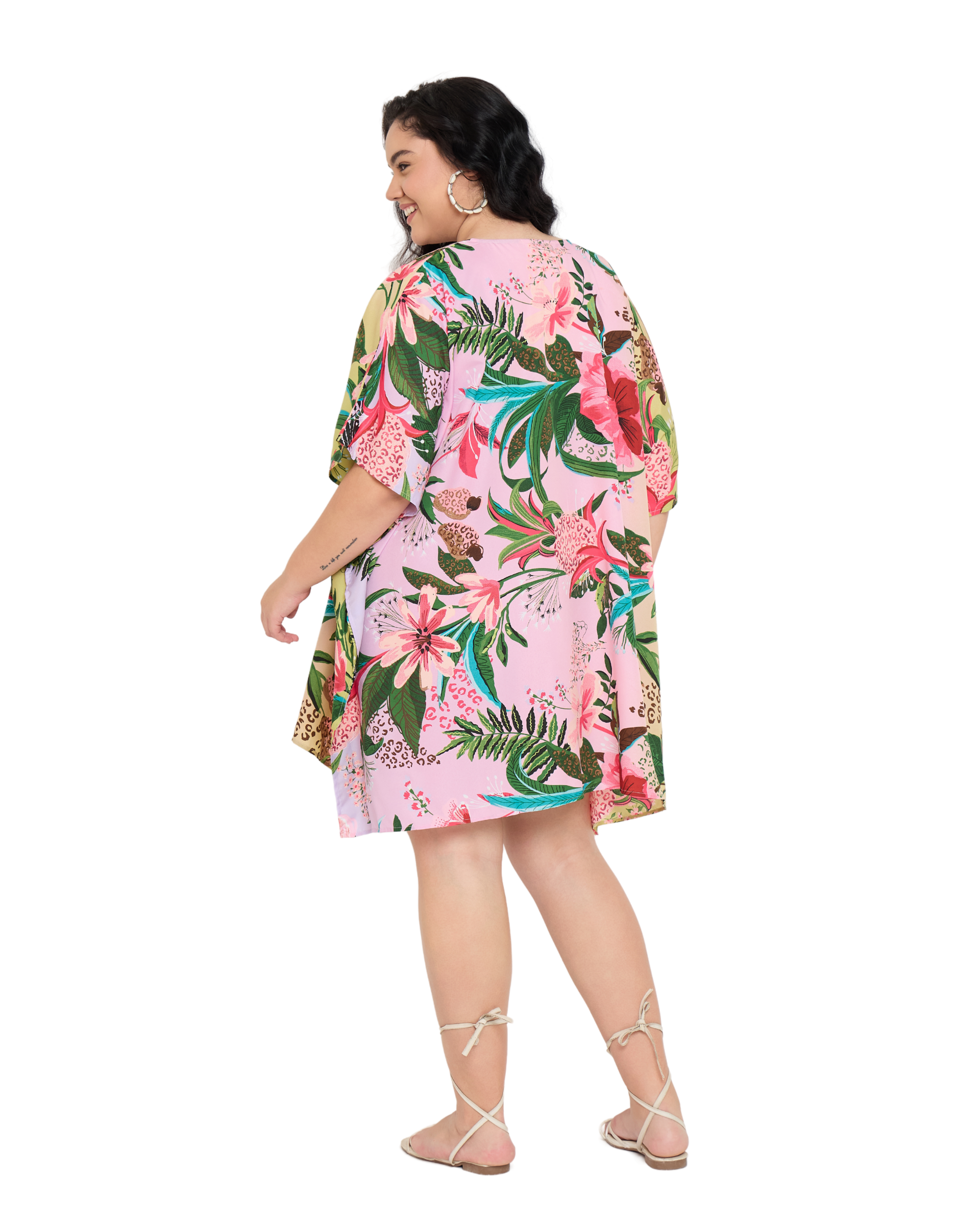 Floral Pastel Pink Polyester Plus Size Tunic Top for Women