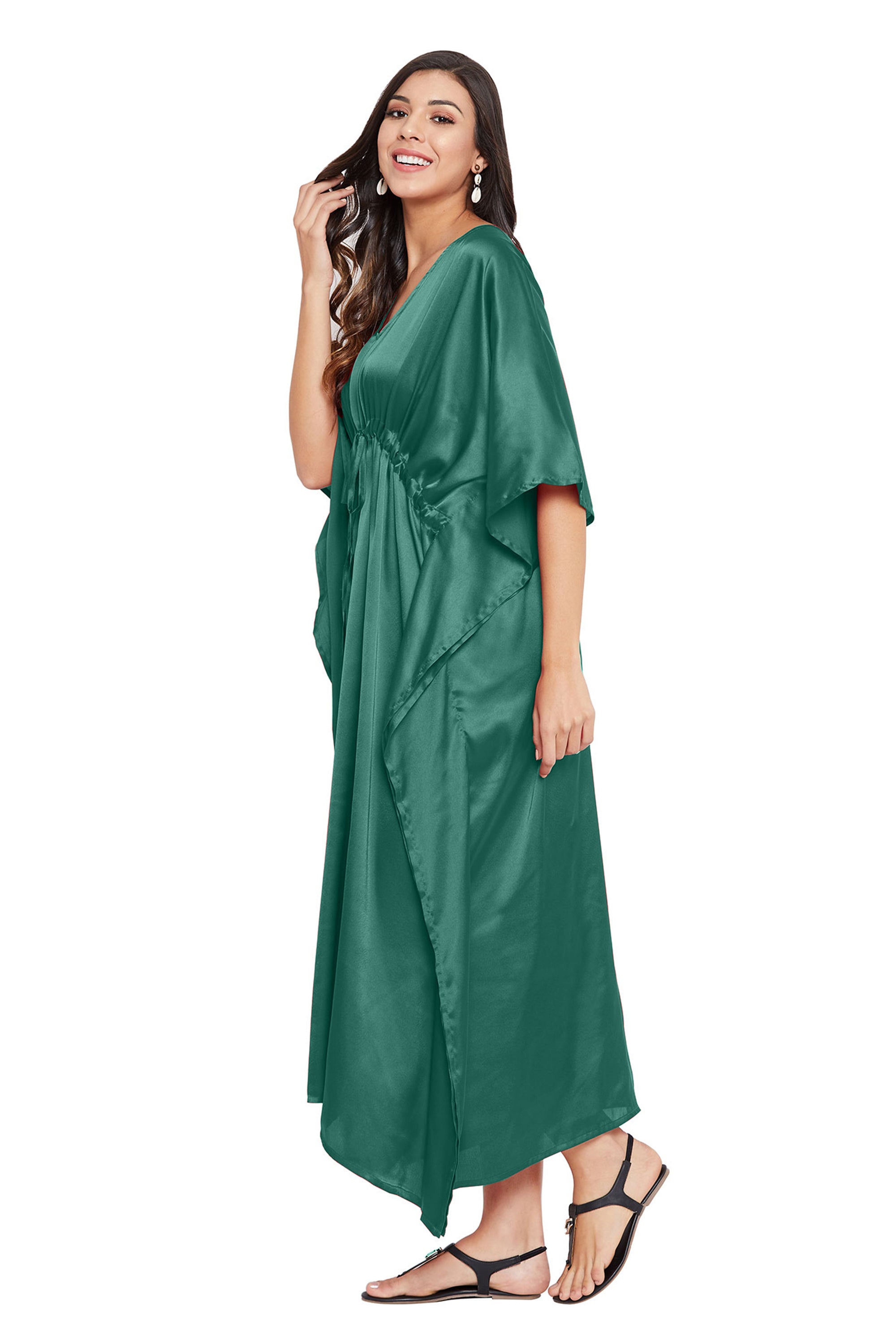 Green Plus Size Kaftan Kimono Sleeve V-Neck Dress For Women