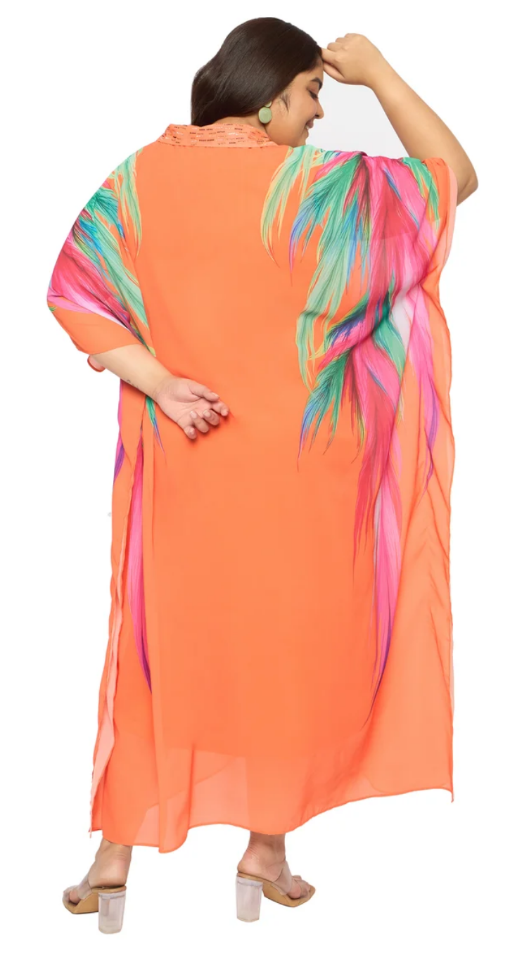 GypsieBlu Orange Georgette Kaftan for Women Kimono Sleeve Missy-Size - Tropical Feather Palm Side Print