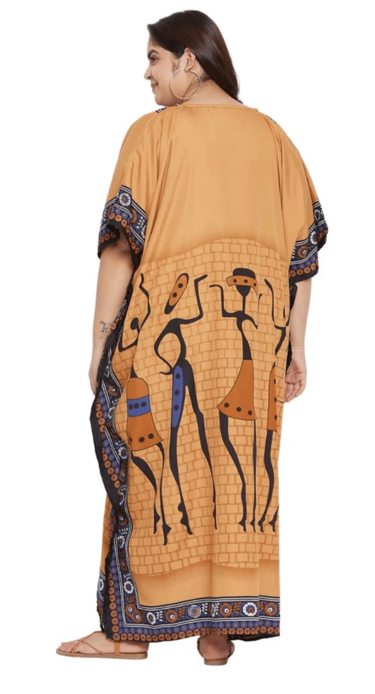 Yellow Tribal Figure Polyester Plus Size Kaftan for Women 1X-3X | GypsieBlu