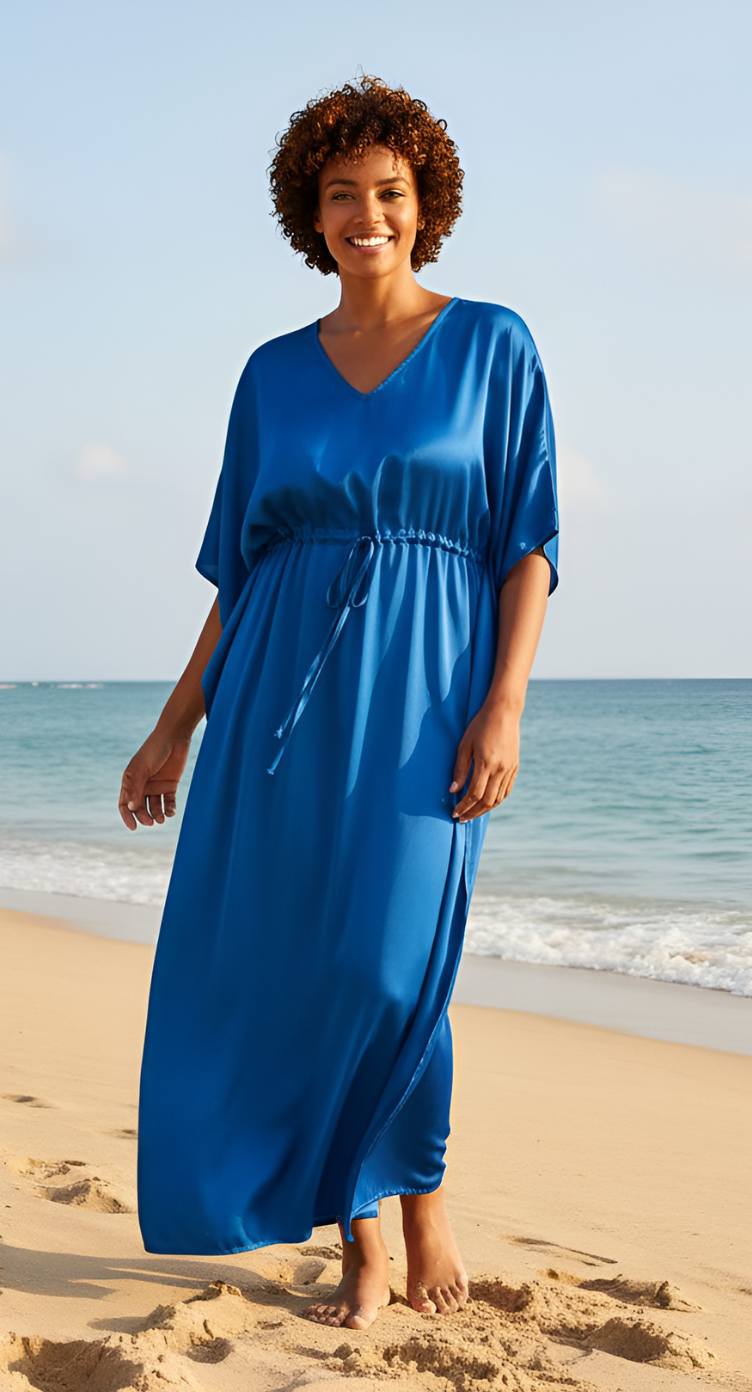 Navy Blue Solid Satin Plus Size Kaftan Dress For Women