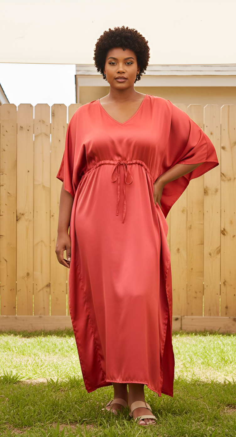 Red Solid Satin Plus Size Kaftan Dress For Women