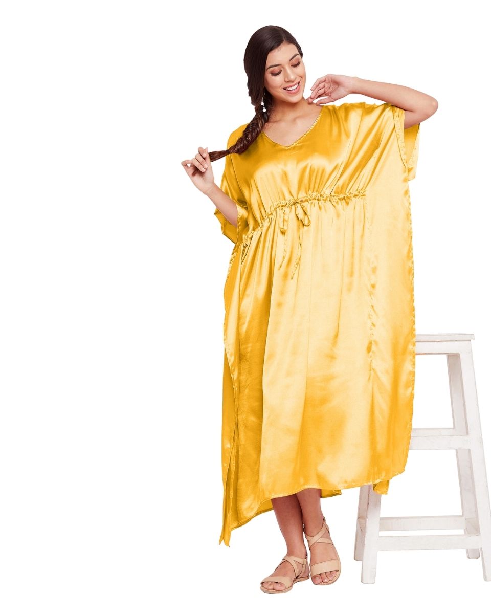 Yellow Satin Solid Pattern Kimono Style Kaftan For Plus Size Women