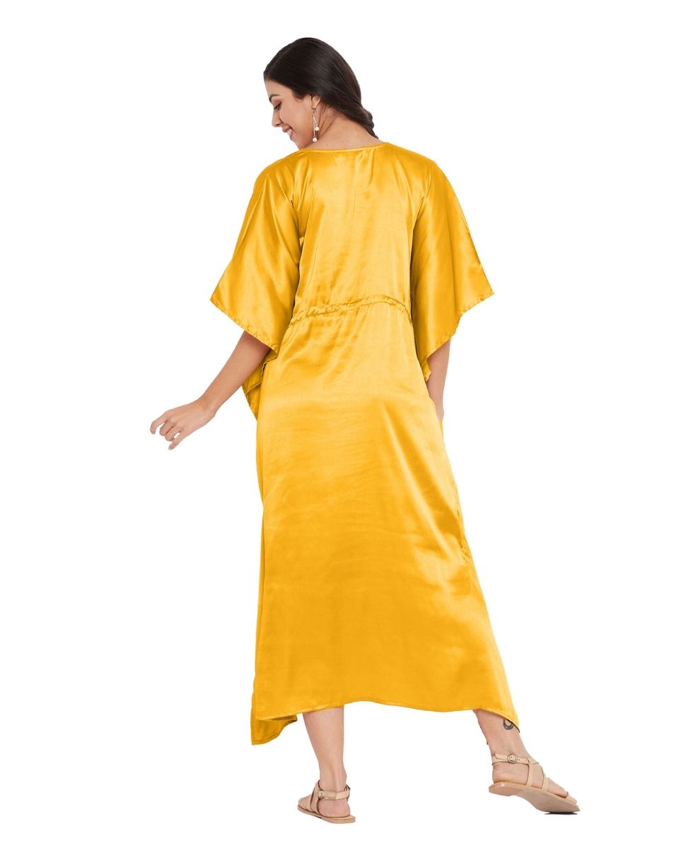 Yellow Satin Solid Pattern Kimono Style Kaftan For Plus Size Women