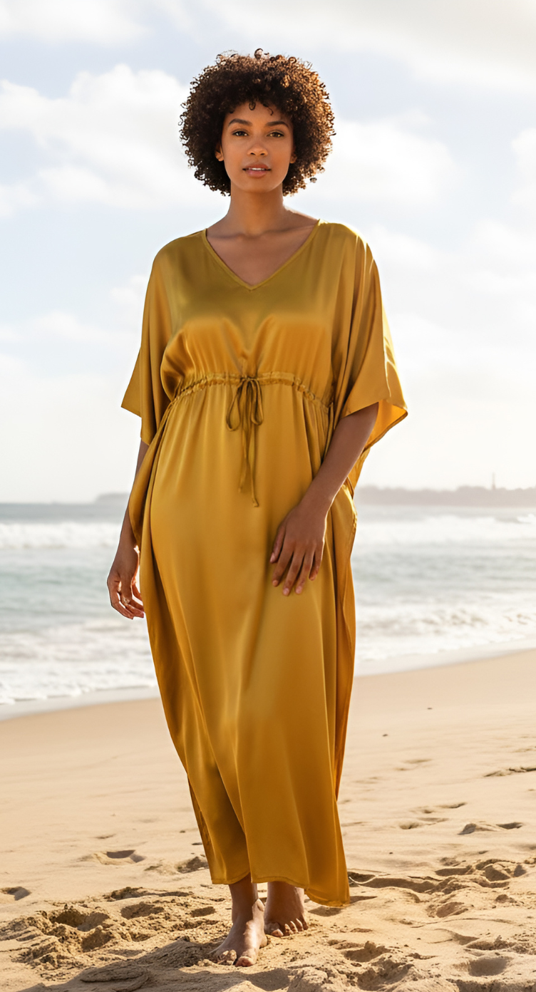 Yellow Satin Solid Pattern Kimono Style Kaftan For Plus Size Women