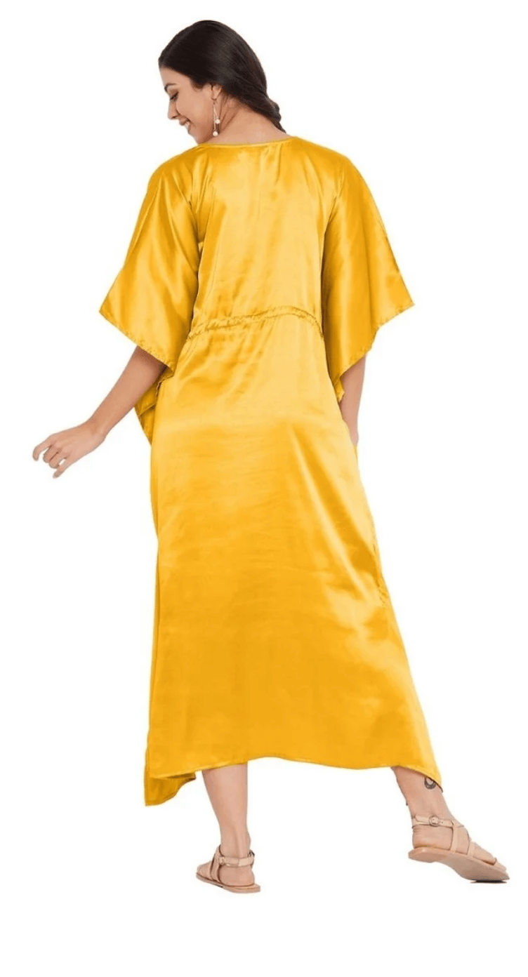 GypsieBlu Yellow Plus Size Satin Kaftan Dress for Women Kimono Sleeve 1X-3X