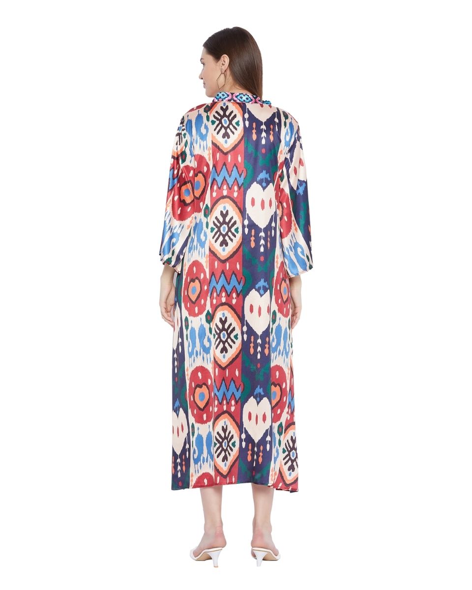 Maxi Satin Multicolor Long Sleeve Kaftan For Plus Size Women