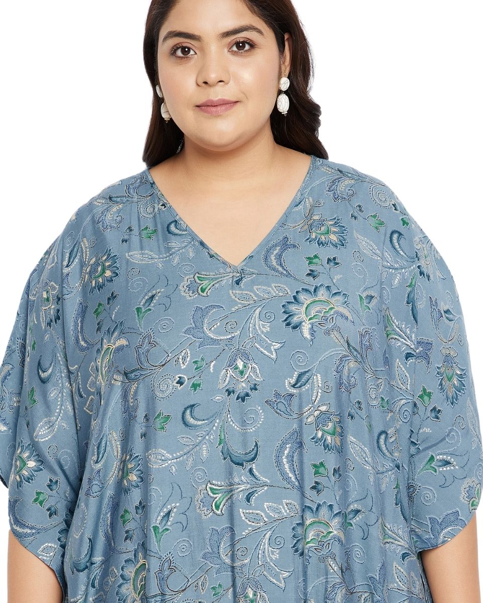 Blue V-Neck Kimono Sleeve Plus Size Kaftan For Women